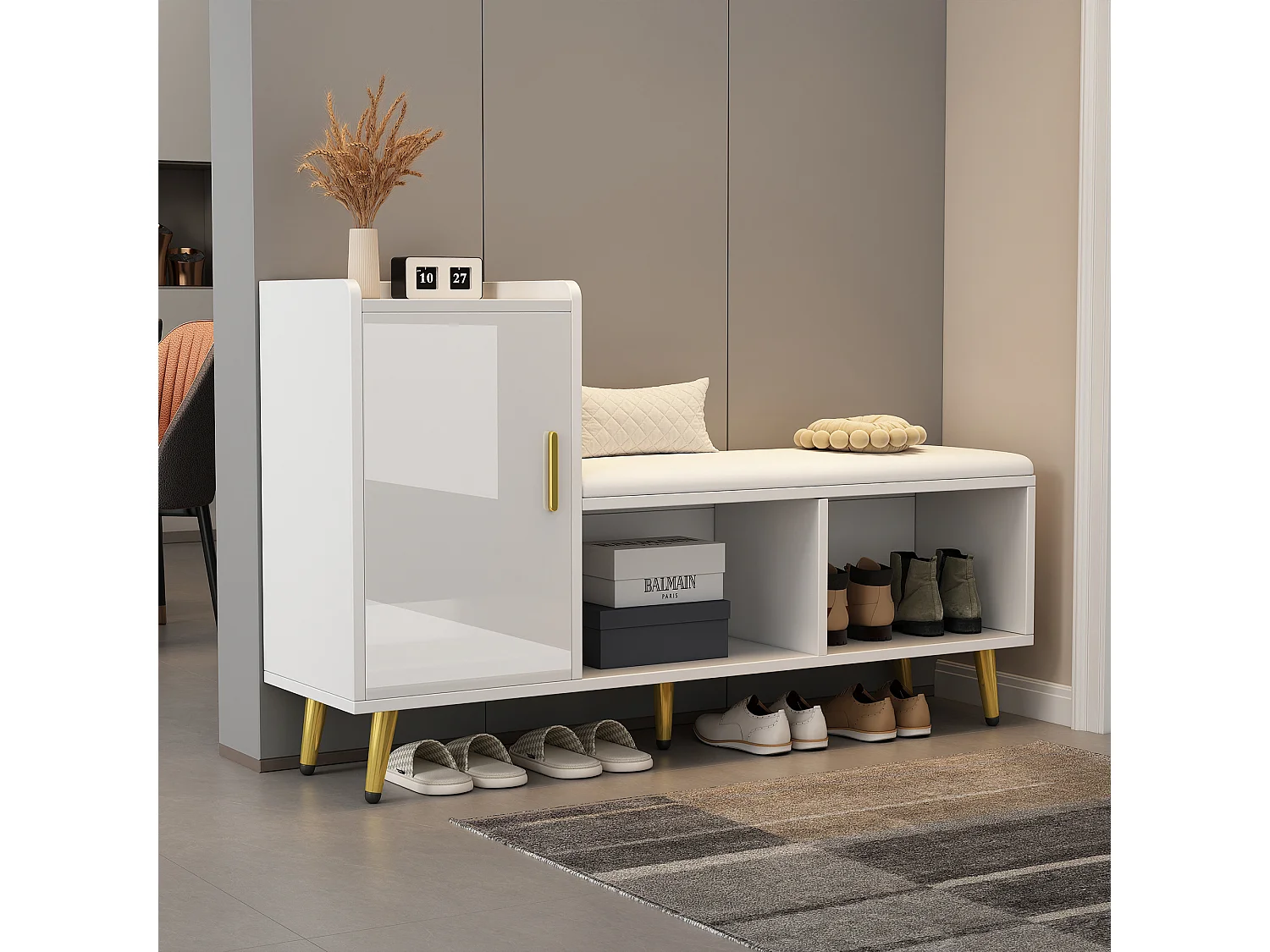 Schoenenkast met gestoffeerde bank en opbergruimte, wit gelakte deur, verstelbare planken, gouden accessoires (120x35x71,5 cm)