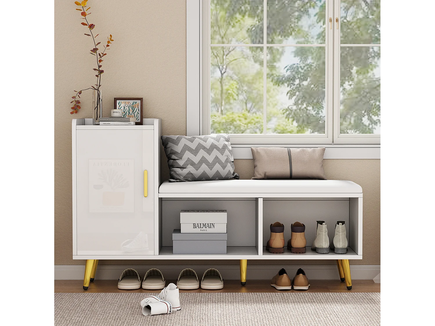 Schoenenkast met gestoffeerde bank en opbergruimte, wit gelakte deur, verstelbare planken, gouden accessoires (120x35x71,5 cm)