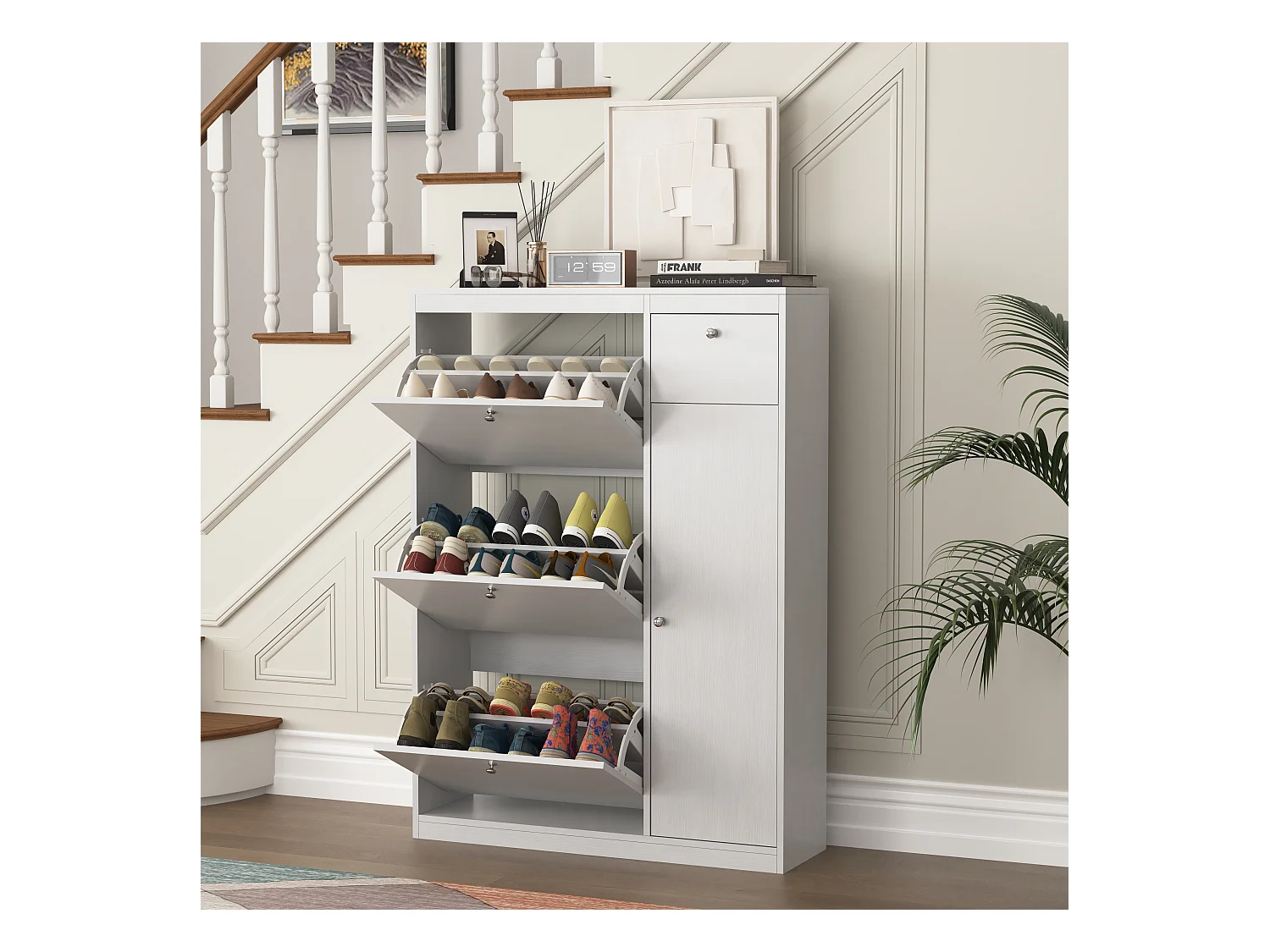 Meuble à chaussures avec 3 tiroirs, étagère à 3 niveaux, bois pour entrée, blanc, chêne (62x24x80 cm)