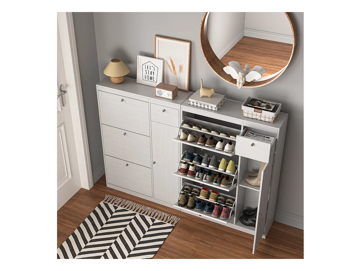 Meuble à chaussures avec 3 tiroirs, étagère à 3 niveaux, bois pour entrée, blanc, chêne (62x24x80 cm)