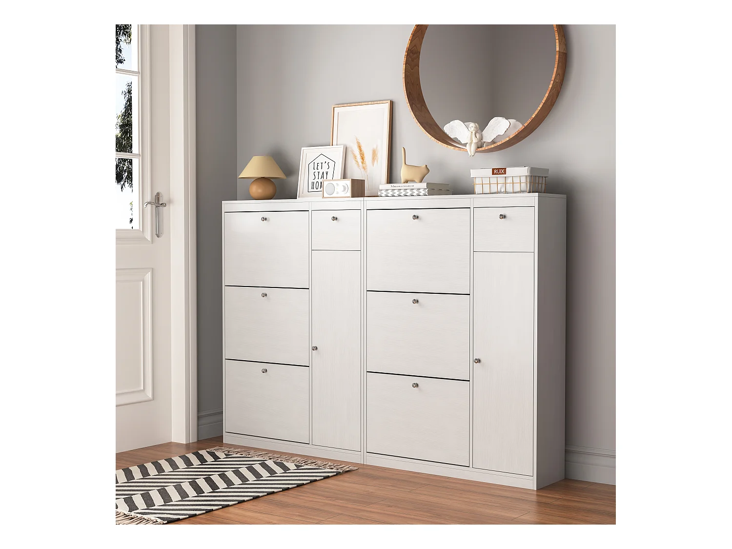 Meuble à chaussures avec 3 tiroirs, étagère à 3 niveaux, bois pour entrée, blanc, chêne (62x24x80 cm)