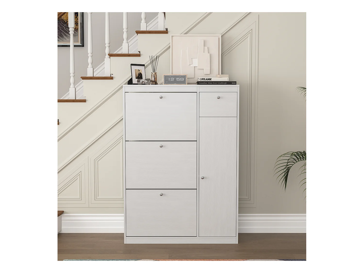 Meuble à chaussures avec 3 tiroirs, étagère à 3 niveaux, bois pour entrée, blanc, chêne (62x24x80 cm)