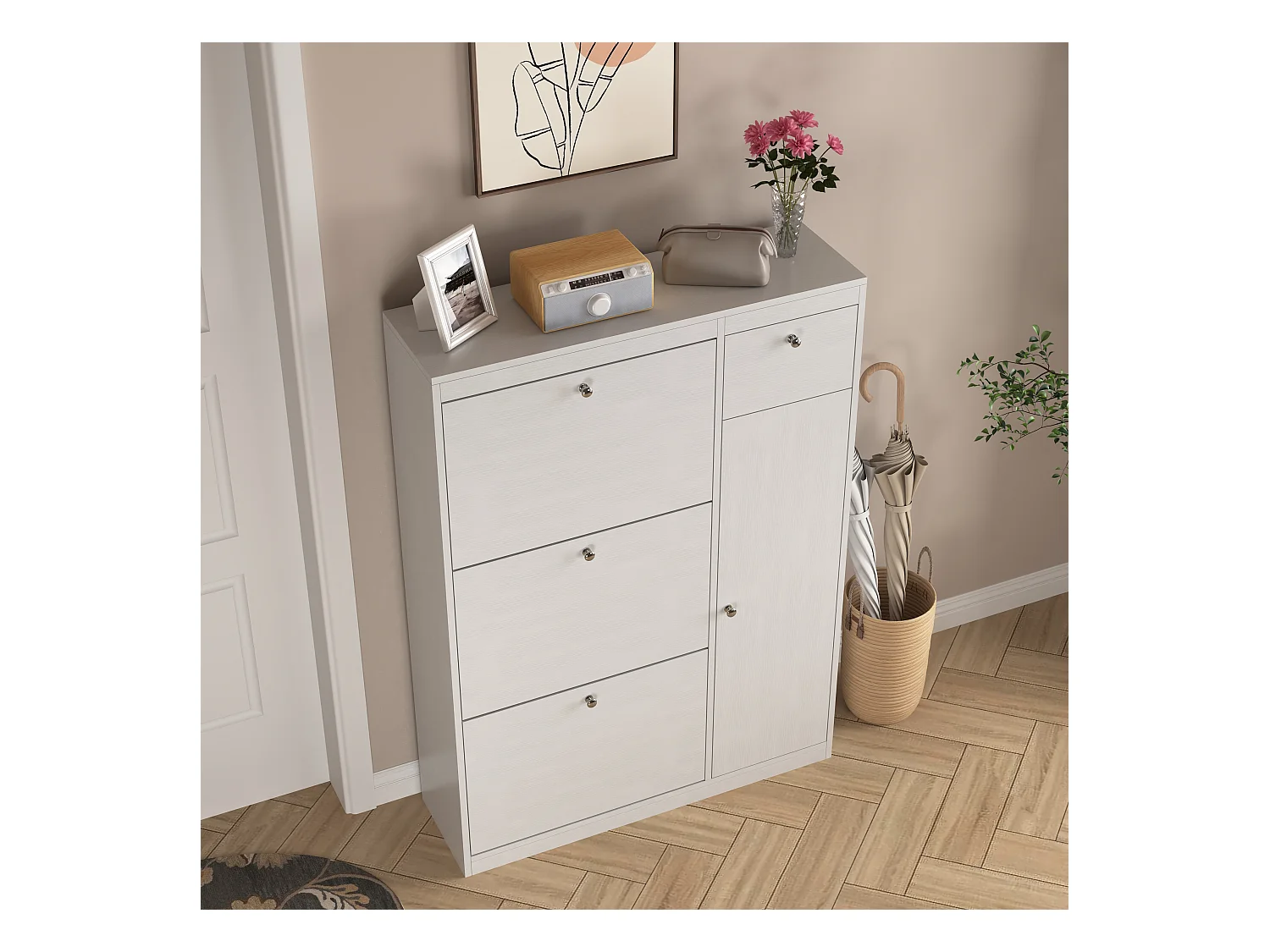 Meuble à chaussures avec 3 tiroirs, étagère à 3 niveaux, bois pour entrée, blanc, chêne (62x24x80 cm)