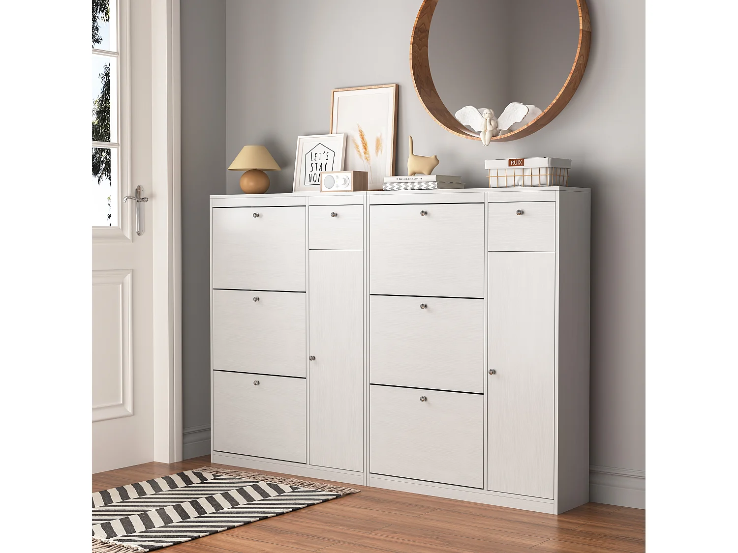 Meuble à chaussures avec 3 tiroirs, étagère à 3 niveaux, bois pour entrée, blanc, chêne (62x24x80 cm)