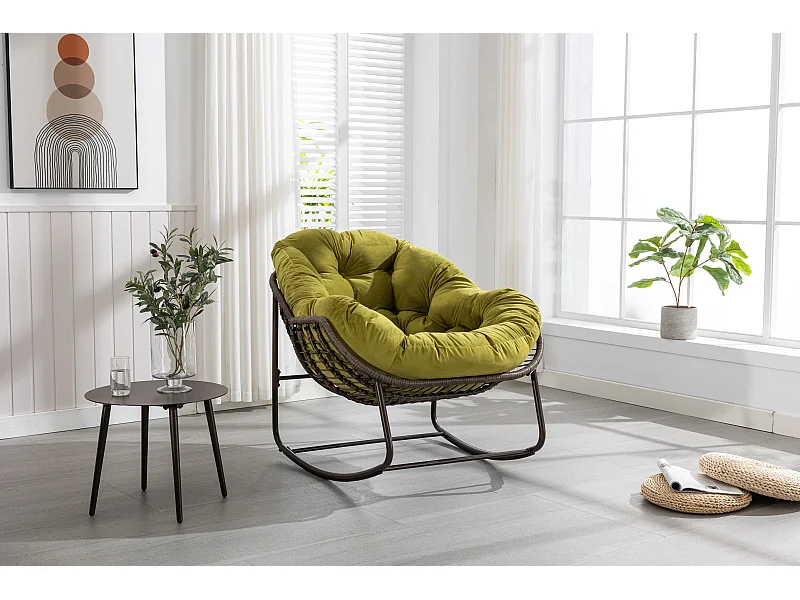 Chaise à bascule d'extérieur en rotin avec coussin en coton, dossier réglable, structure en acier inoxydable, coussin vert olive (43,7 x 37,2 x 31,5 cm)