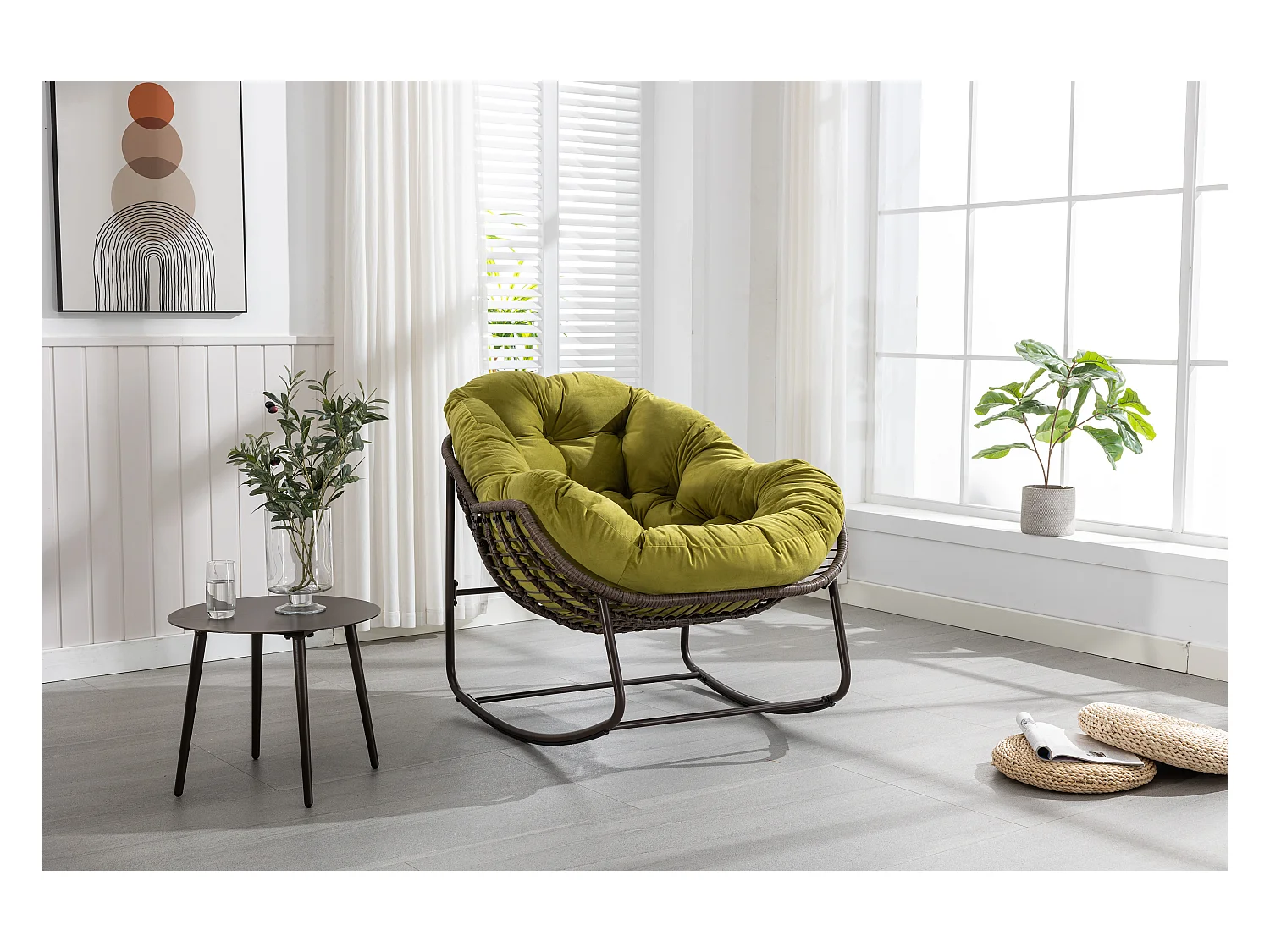 Chaise à bascule d'extérieur en rotin avec coussin en coton, dossier réglable, structure en acier inoxydable, coussin vert olive (43,7 x 37,2 x 31,5 cm)