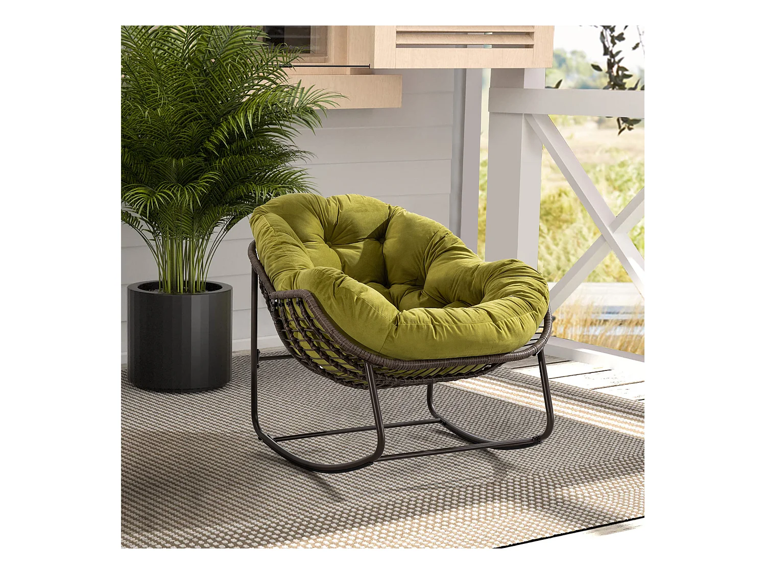 Chaise à bascule d'extérieur en rotin avec coussin en coton, dossier réglable, structure en acier inoxydable, coussin vert olive (43,7 x 37,2 x 31,5 cm)