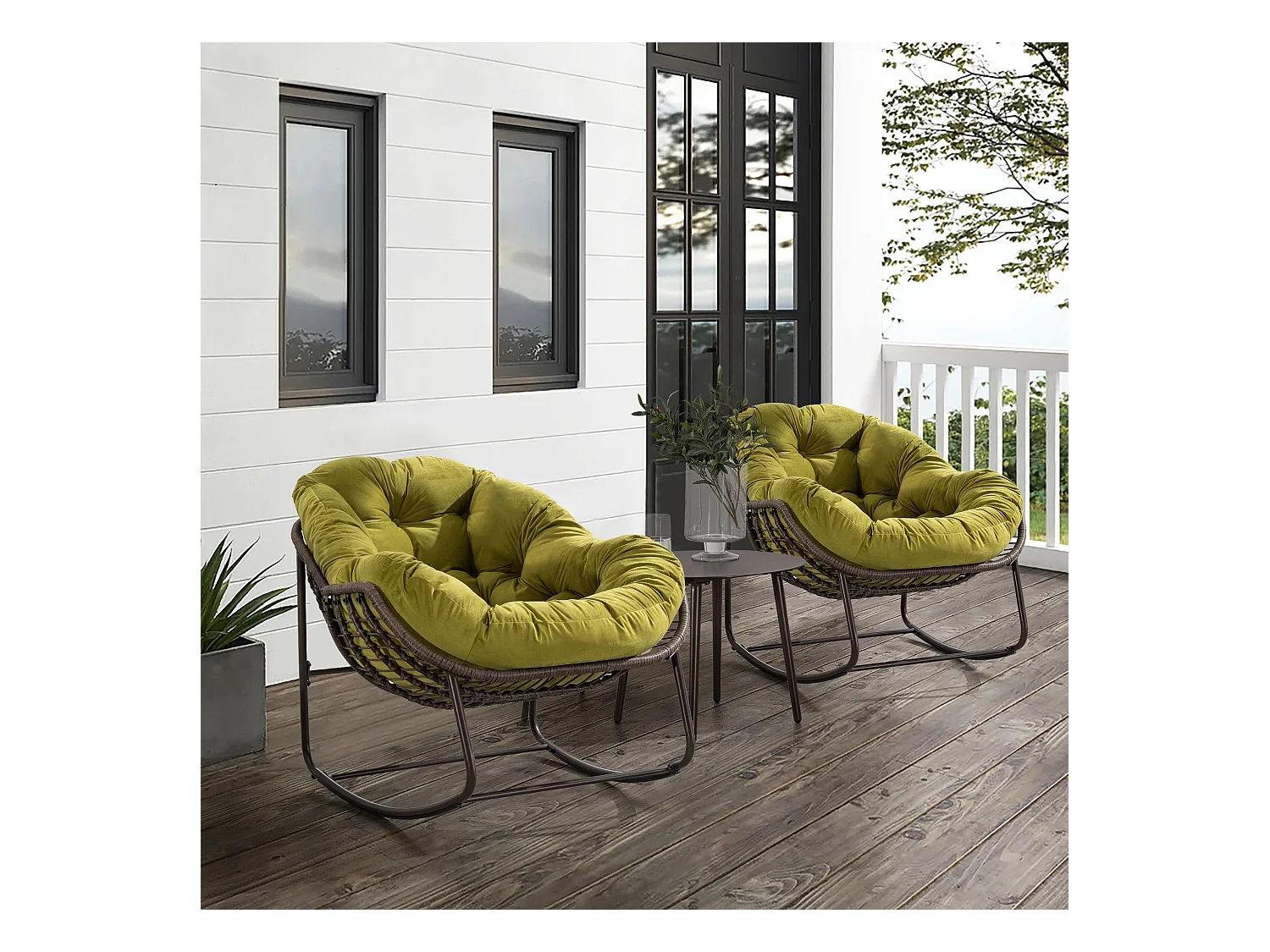 Chaise à bascule d'extérieur en rotin avec coussin en coton, dossier réglable, structure en acier inoxydable, coussin vert olive (43,7 x 37,2 x 31,5 cm)