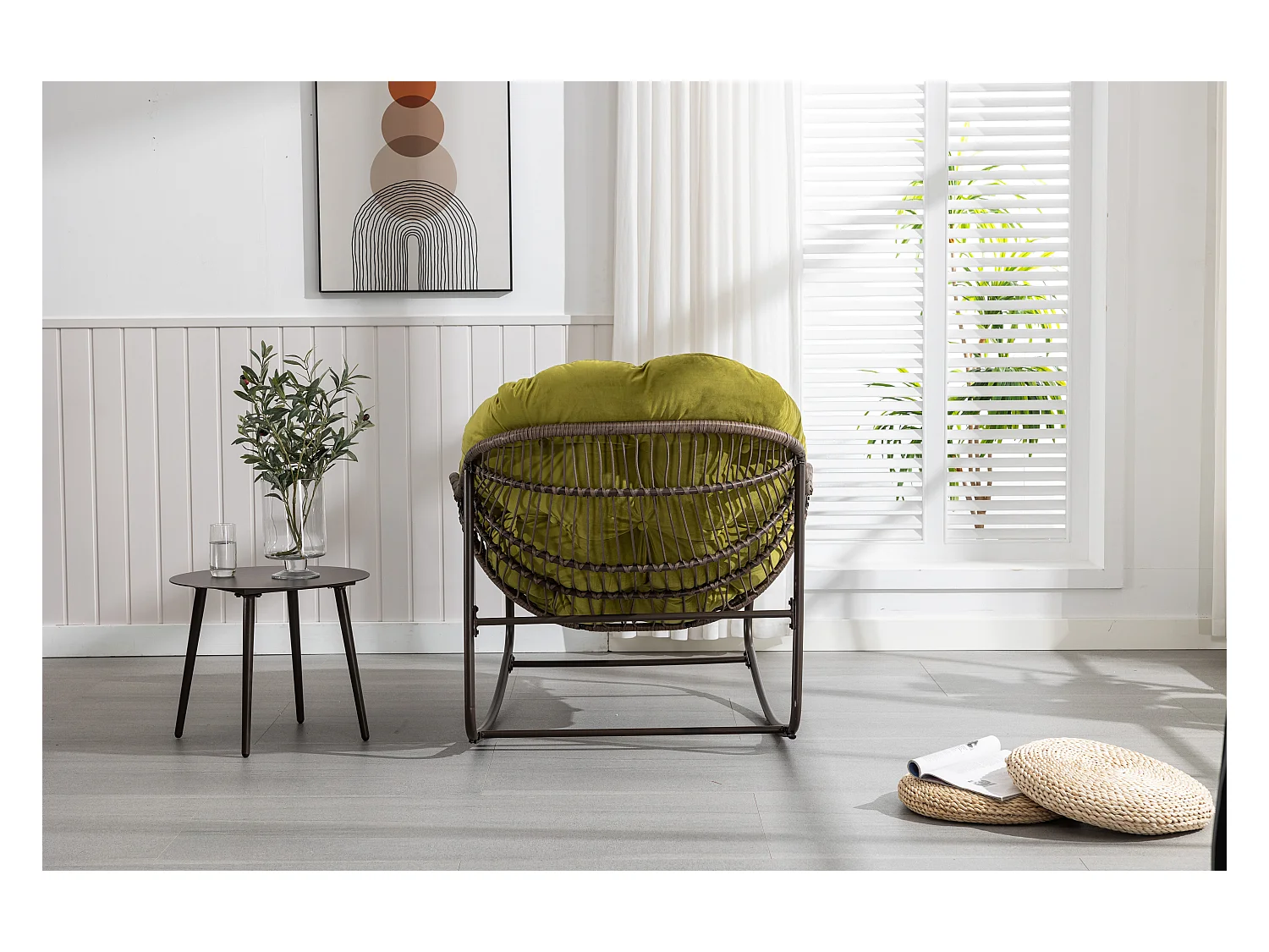 Chaise à bascule d'extérieur en rotin avec coussin en coton, dossier réglable, structure en acier inoxydable, coussin vert olive (43,7 x 37,2 x 31,5 cm)