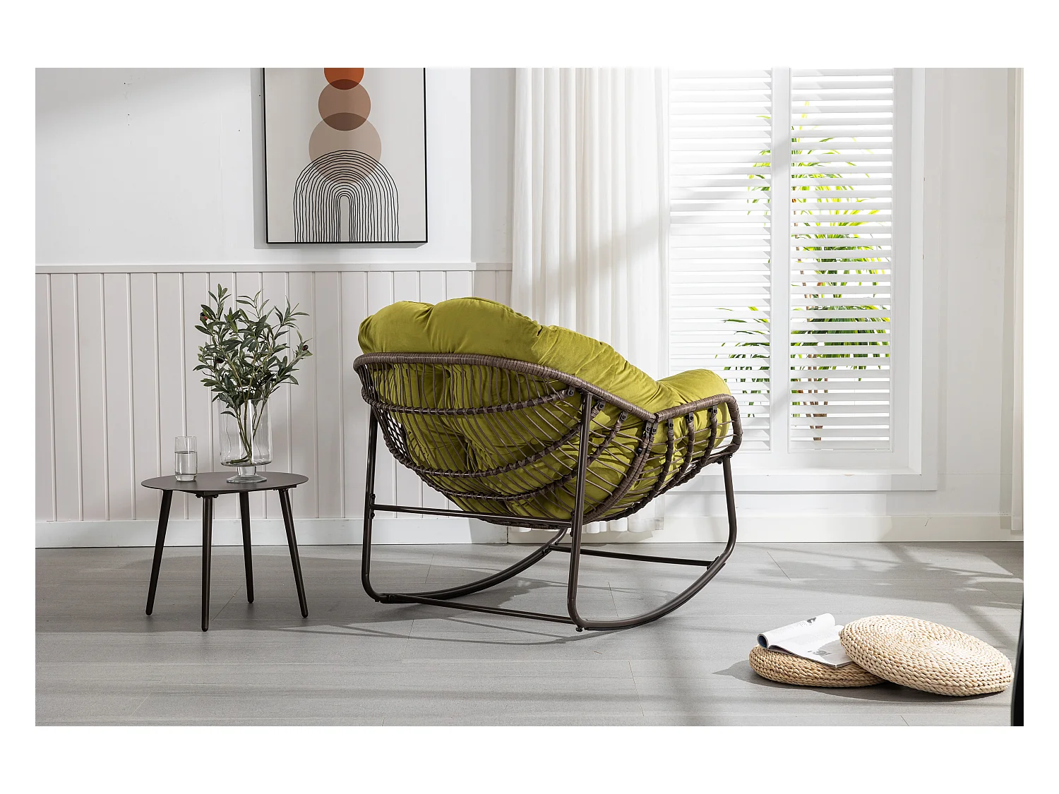 Chaise à bascule d'extérieur en rotin avec coussin en coton, dossier réglable, structure en acier inoxydable, coussin vert olive (43,7 x 37,2 x 31,5 cm)