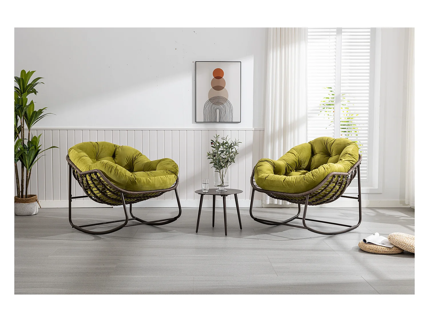 Chaise à bascule d'extérieur en rotin avec coussin en coton, dossier réglable, structure en acier inoxydable, coussin vert olive (43,7 x 37,2 x 31,5 cm)