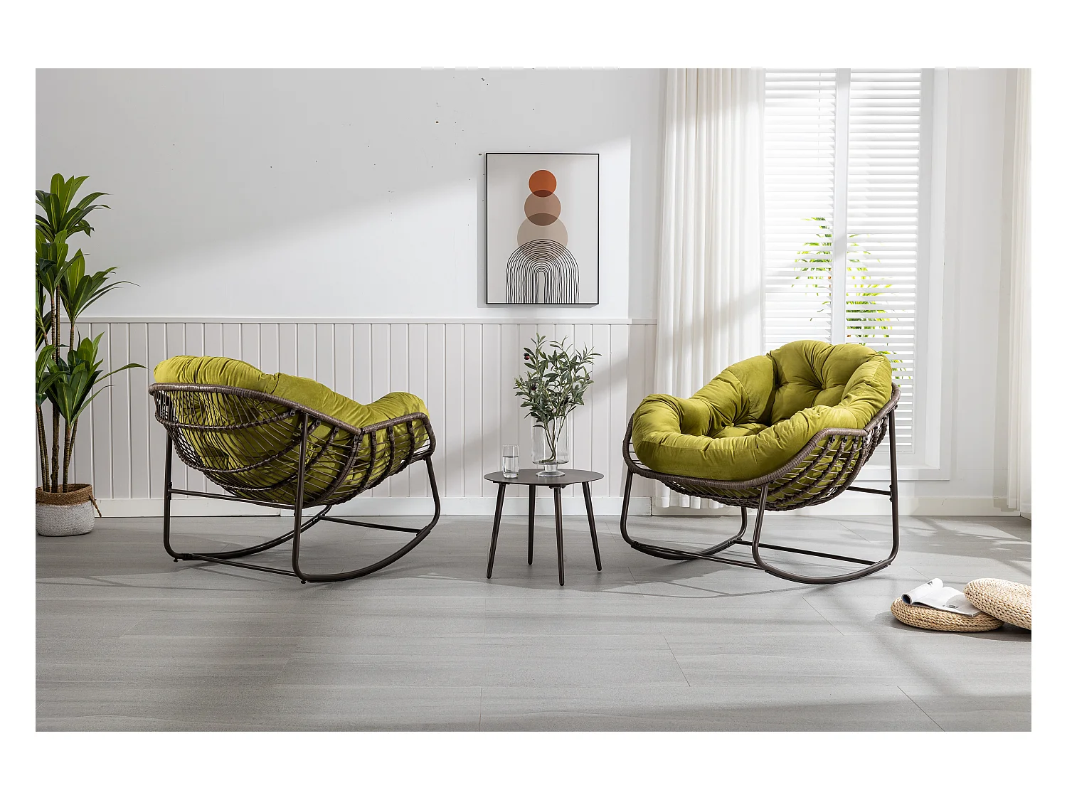 Chaise à bascule d'extérieur en rotin avec coussin en coton, dossier réglable, structure en acier inoxydable, coussin vert olive (43,7 x 37,2 x 31,5 cm)