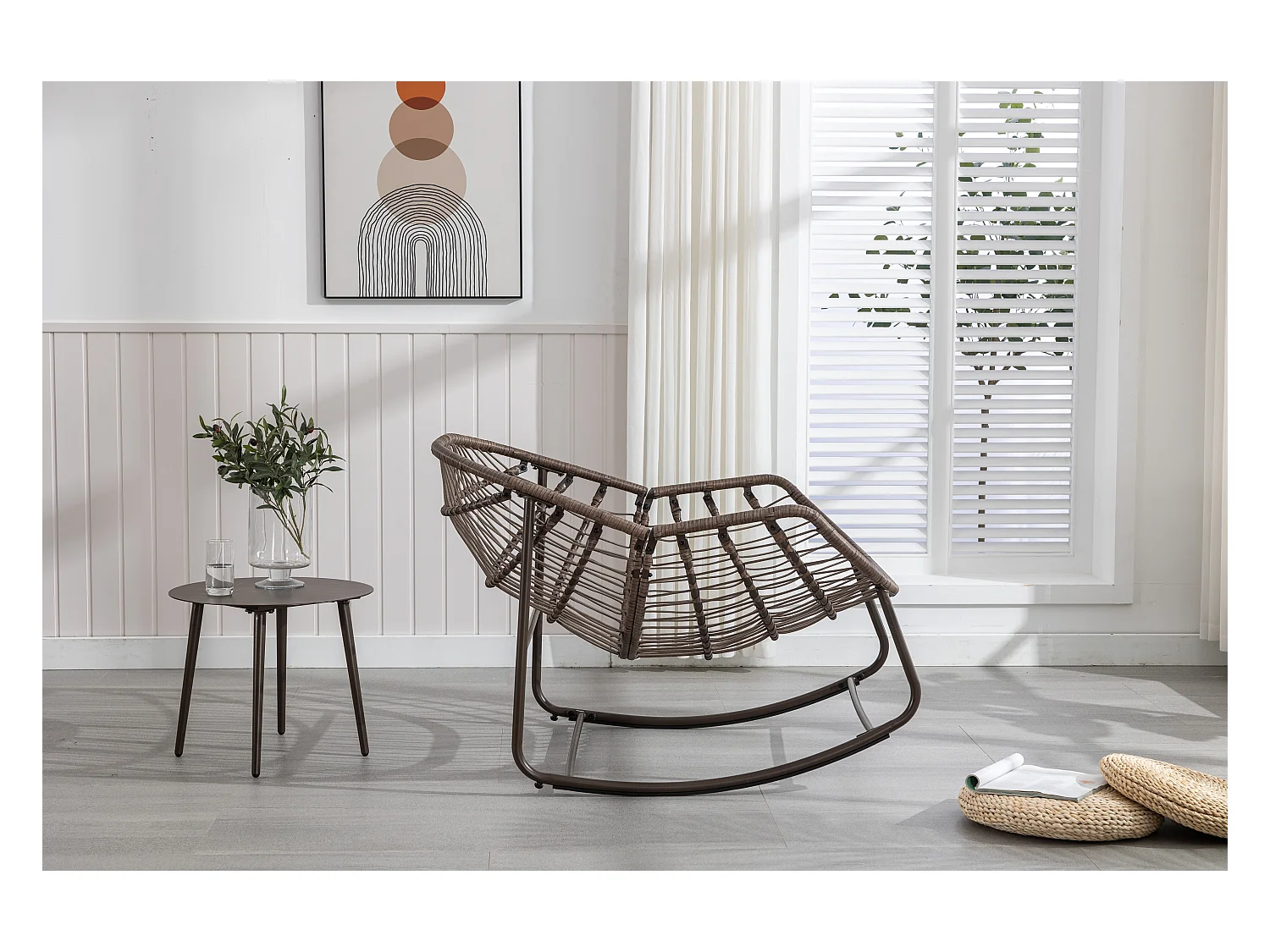 Chaise à bascule d'extérieur en rotin avec coussin en coton, dossier réglable, structure en acier inoxydable, coussin vert olive (43,7 x 37,2 x 31,5 cm)