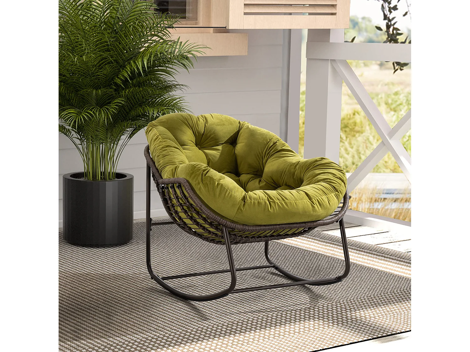 Chaise à bascule d'extérieur en rotin avec coussin en coton, dossier réglable, structure en acier inoxydable, coussin vert olive (43,7 x 37,2 x 31,5 cm)