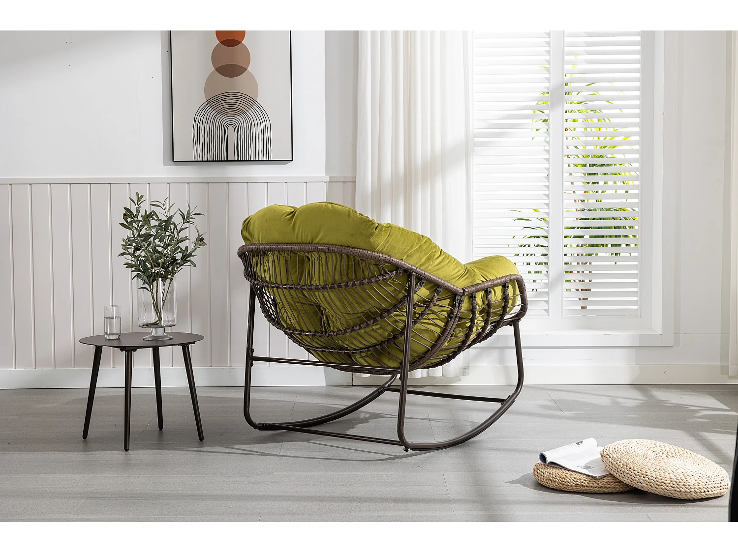 Chaise à bascule d'extérieur en rotin avec coussin en coton, dossier réglable, structure en acier inoxydable, coussin vert olive (43,7 x 37,2 x 31,5 cm)