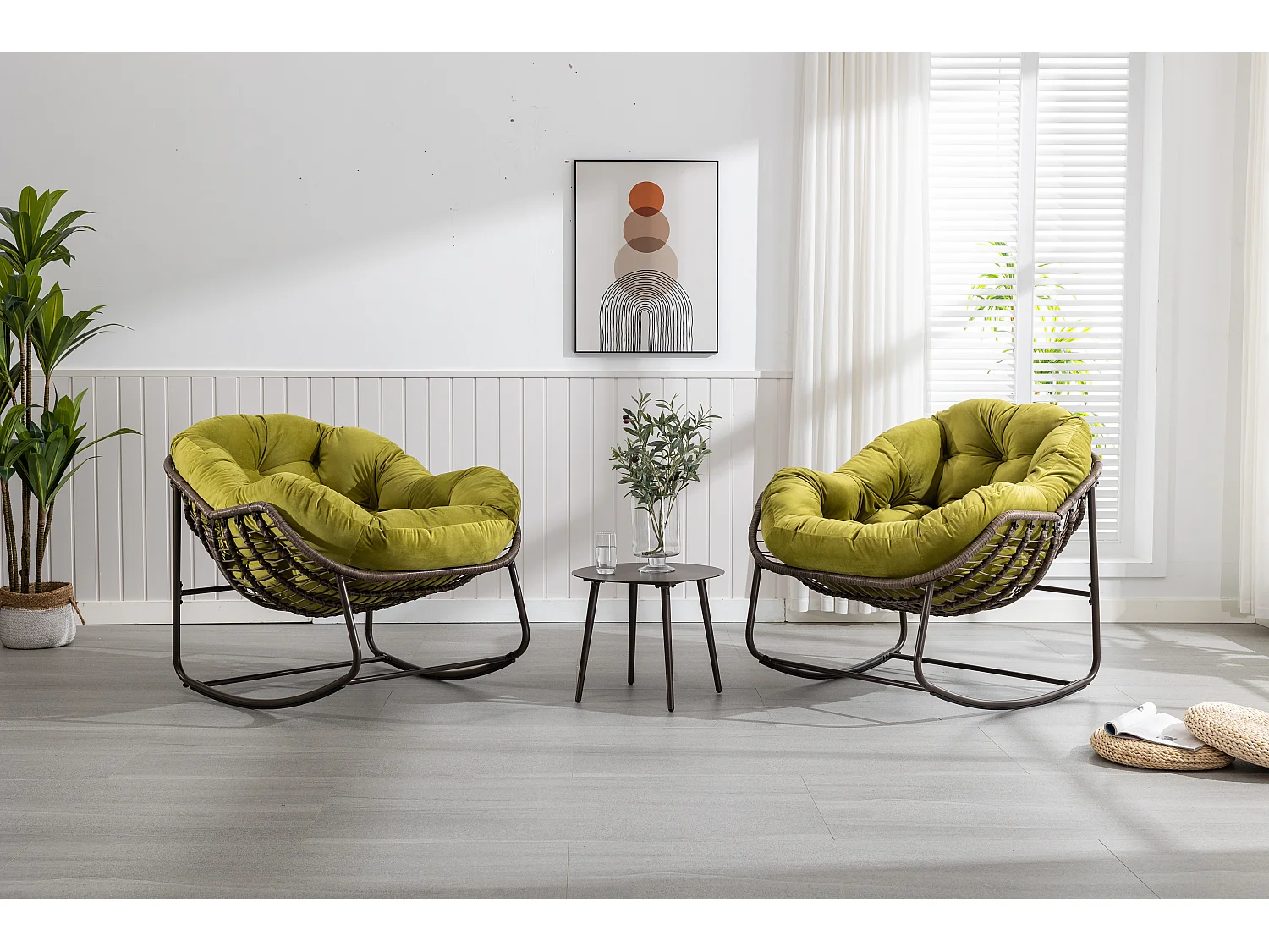 Chaise à bascule d'extérieur en rotin avec coussin en coton, dossier réglable, structure en acier inoxydable, coussin vert olive (43,7 x 37,2 x 31,5 cm)