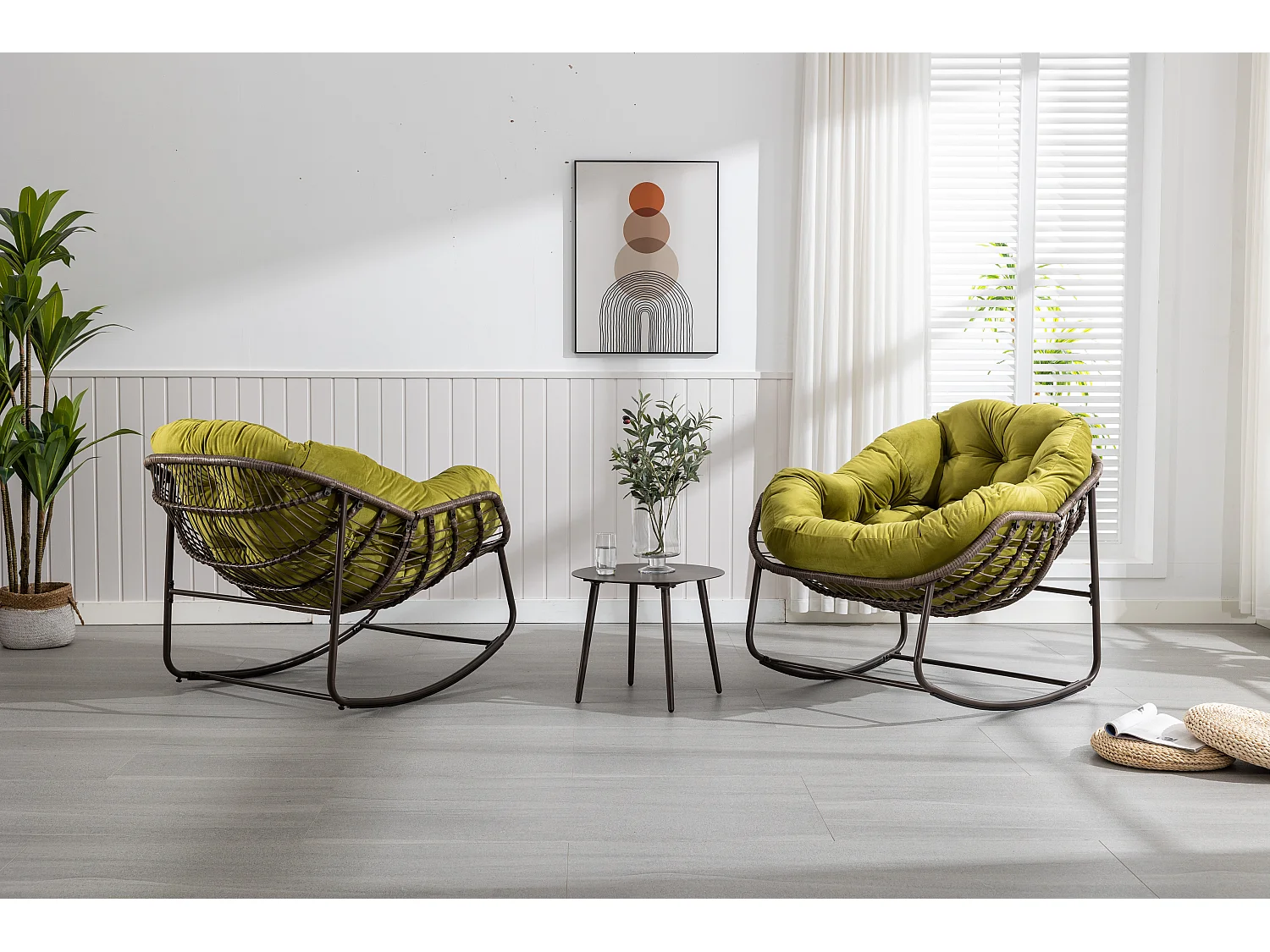 Chaise à bascule d'extérieur en rotin avec coussin en coton, dossier réglable, structure en acier inoxydable, coussin vert olive (43,7 x 37,2 x 31,5 cm)