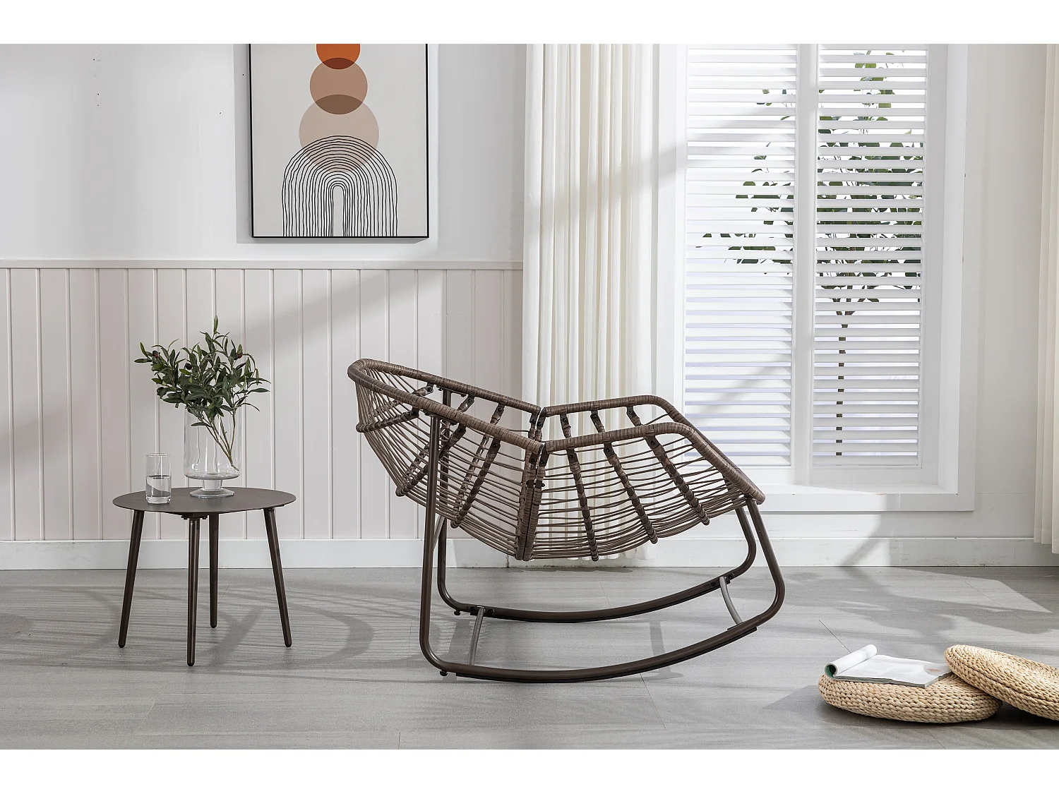 Chaise à bascule d'extérieur en rotin avec coussin en coton, dossier réglable, structure en acier inoxydable, coussin vert olive (43,7 x 37,2 x 31,5 cm)