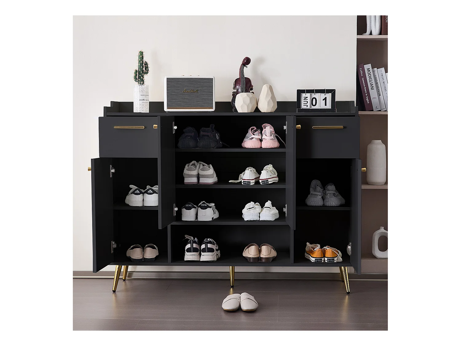 Meuble à chaussures, étagère avec 2 tiroirs, 4 portes et pieds en métal, design moderne, noir (130x37x100 cm)