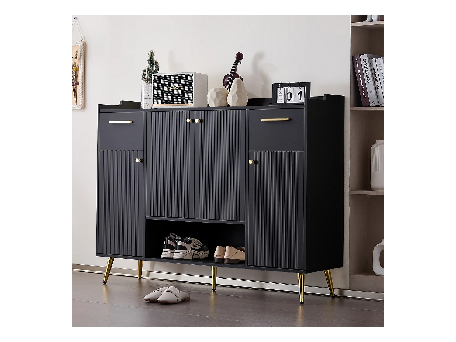 Meuble à chaussures, étagère avec 2 tiroirs, 4 portes et pieds en métal, design moderne, noir (130x37x100 cm)