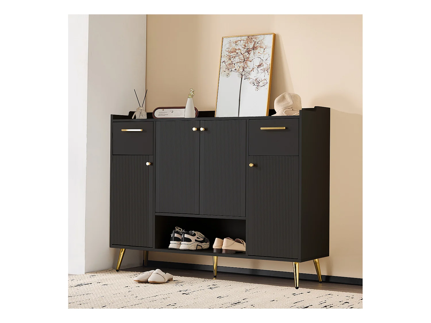 Meuble à chaussures, étagère avec 2 tiroirs, 4 portes et pieds en métal, design moderne, noir (130x37x100 cm)