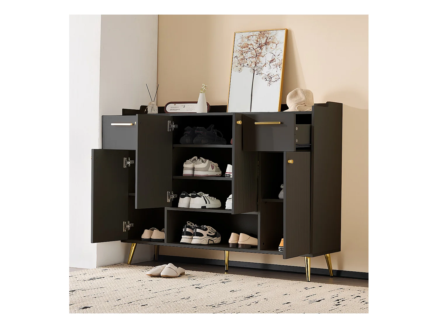 Meuble à chaussures, étagère avec 2 tiroirs, 4 portes et pieds en métal, design moderne, noir (130x37x100 cm)