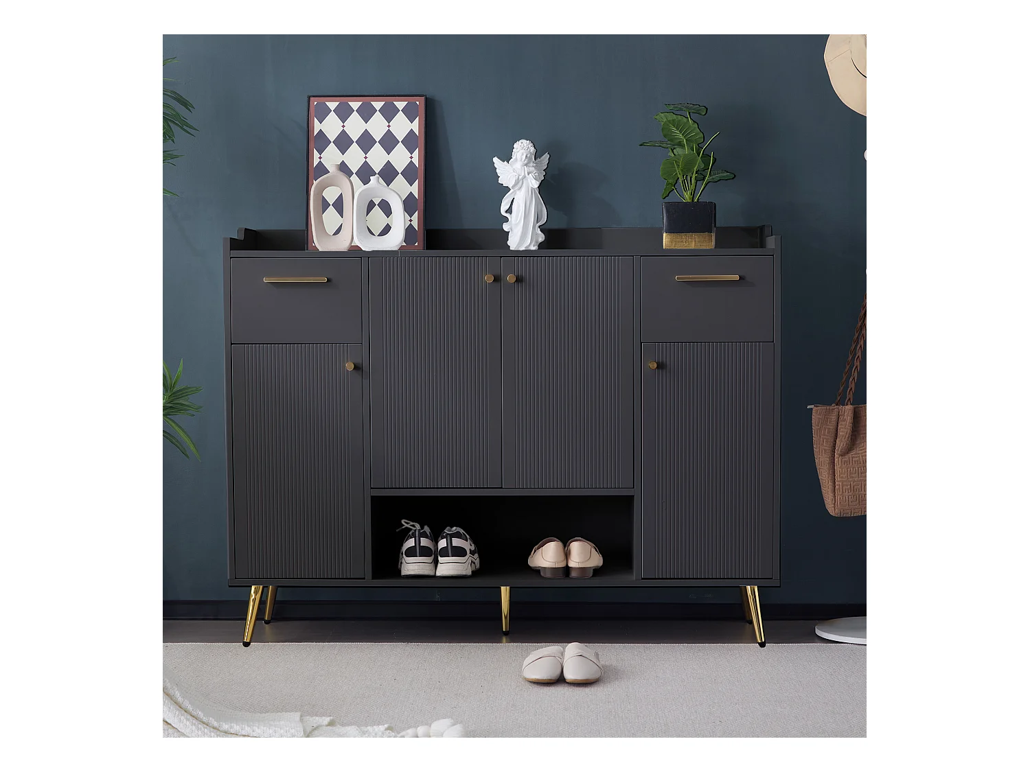 Meuble à chaussures, étagère avec 2 tiroirs, 4 portes et pieds en métal, design moderne, noir (130x37x100 cm)