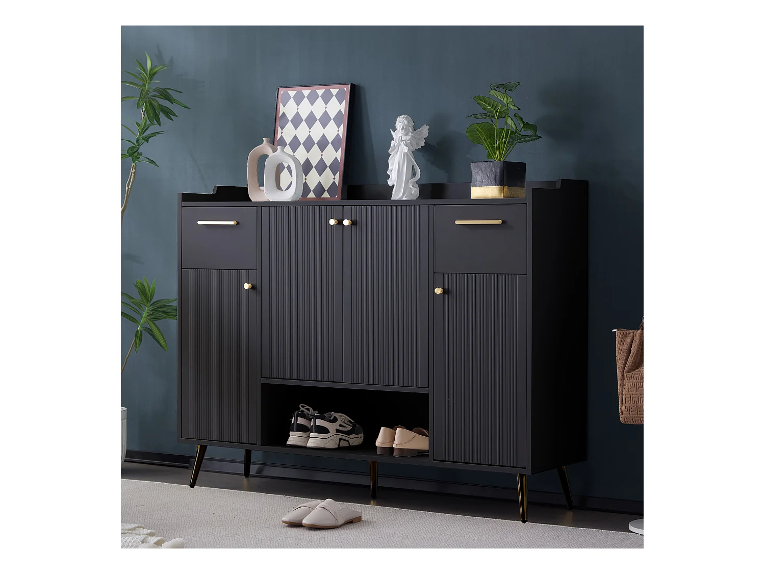 Meuble à chaussures, étagère avec 2 tiroirs, 4 portes et pieds en métal, design moderne, noir (130x37x100 cm)