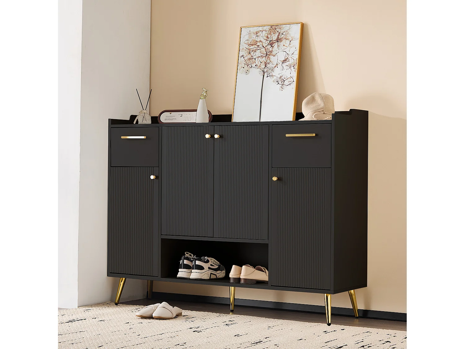 Meuble à chaussures, étagère avec 2 tiroirs, 4 portes et pieds en métal, design moderne, noir (130x37x100 cm)