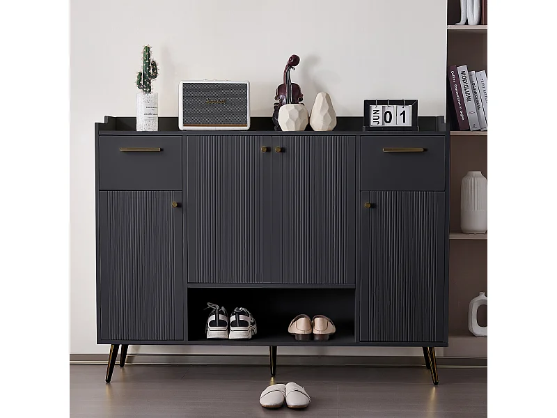 Meuble à chaussures, étagère avec 2 tiroirs, 4 portes et pieds en métal, design moderne, noir (130x37x100 cm)