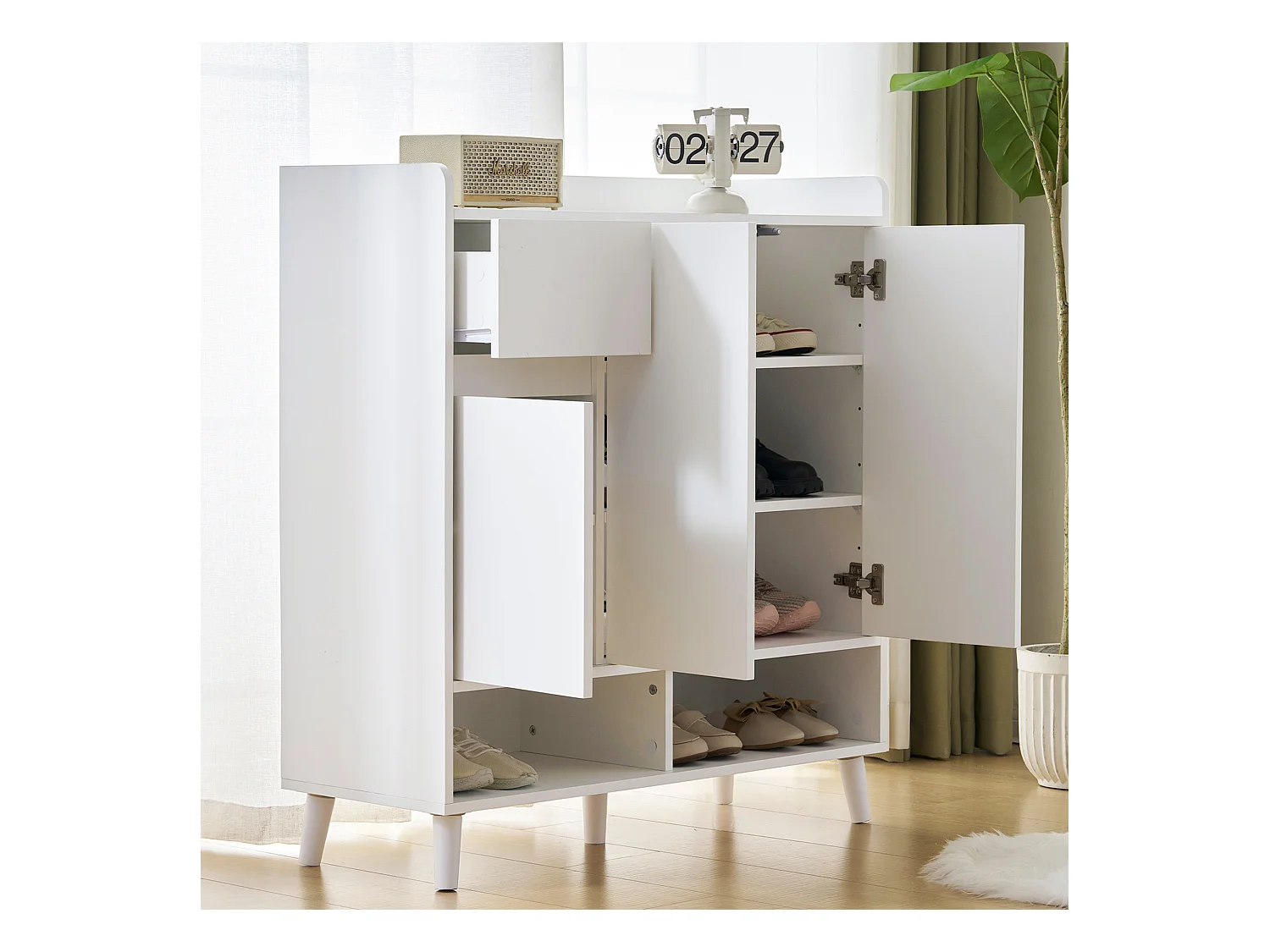 Commode / Buffet / Meuble à chaussures avec étagères réglables, pieds en bois massif, blanc (90x35x99 cm)