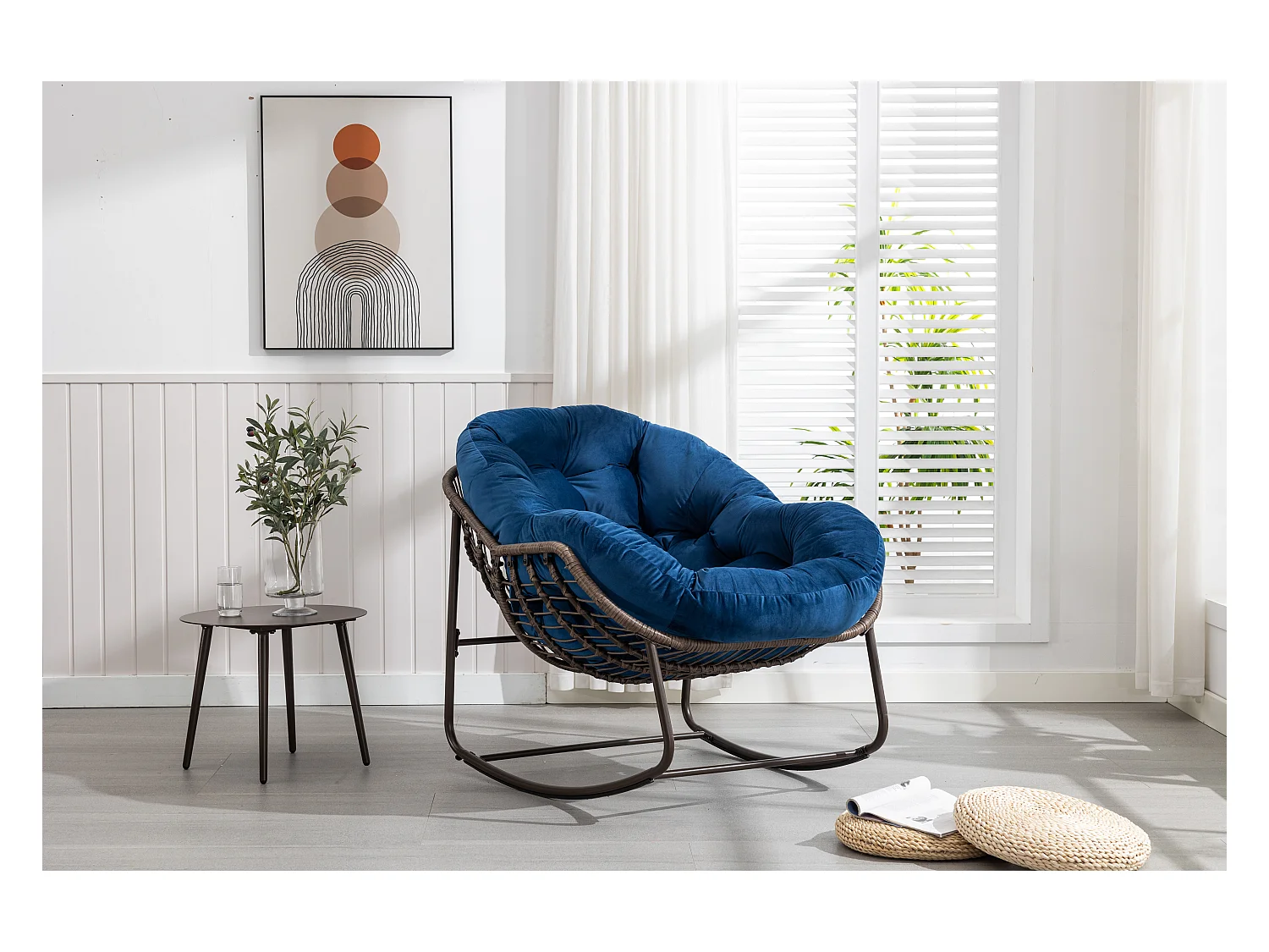 Schommelstoel van rotan voor buiten met katoenen kussen, verstelbare rugleuning, frame van roestvrij staal, grijs kussen (43,7 x 37,2 x 31,5 cm)