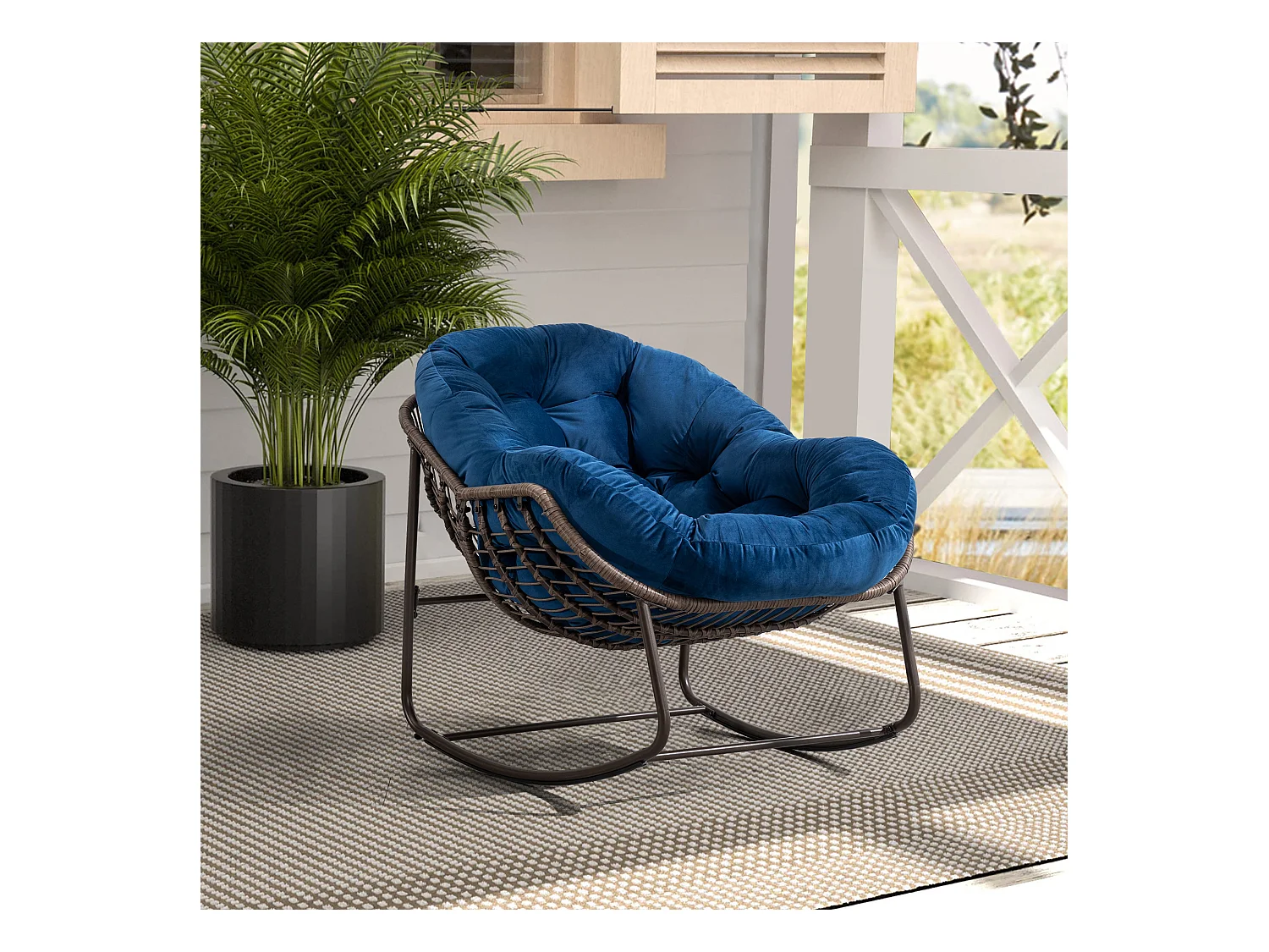 Schommelstoel van rotan voor buiten met katoenen kussen, verstelbare rugleuning, frame van roestvrij staal, grijs kussen (43,7 x 37,2 x 31,5 cm)