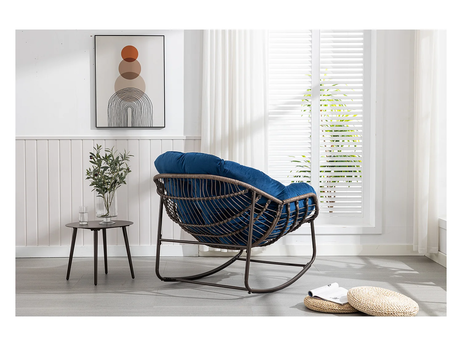 Schommelstoel van rotan voor buiten met katoenen kussen, verstelbare rugleuning, frame van roestvrij staal, grijs kussen (43,7 x 37,2 x 31,5 cm)