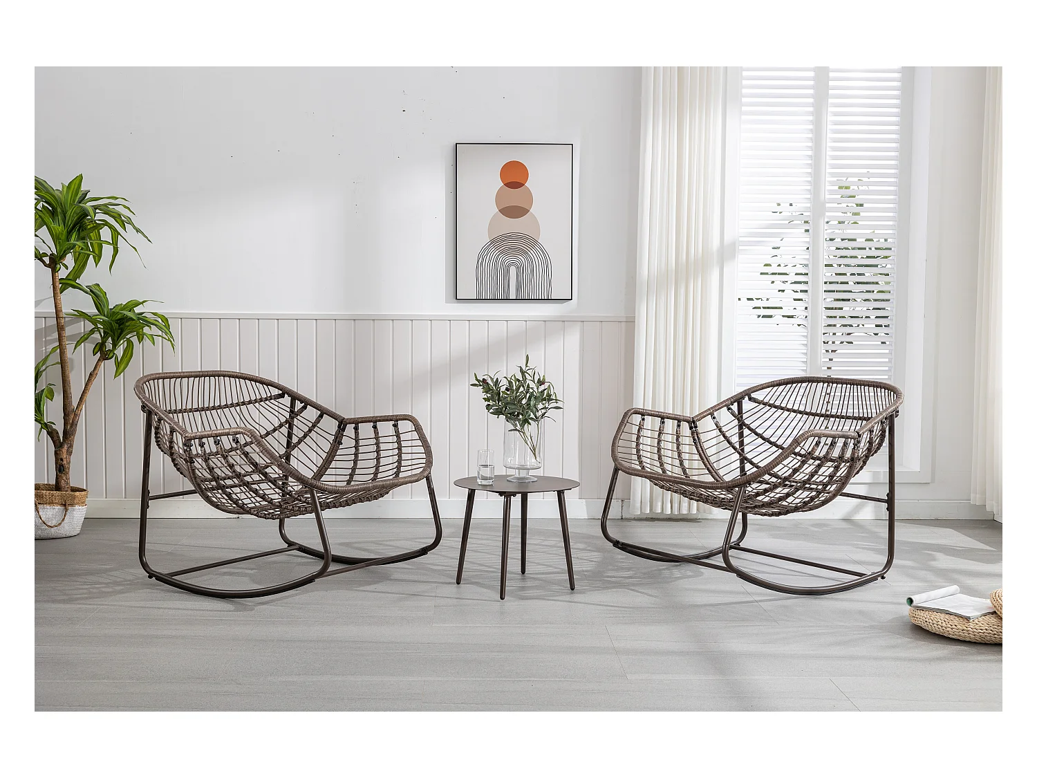 Schommelstoel van rotan voor buiten met katoenen kussen, verstelbare rugleuning, frame van roestvrij staal, grijs kussen (43,7 x 37,2 x 31,5 cm)