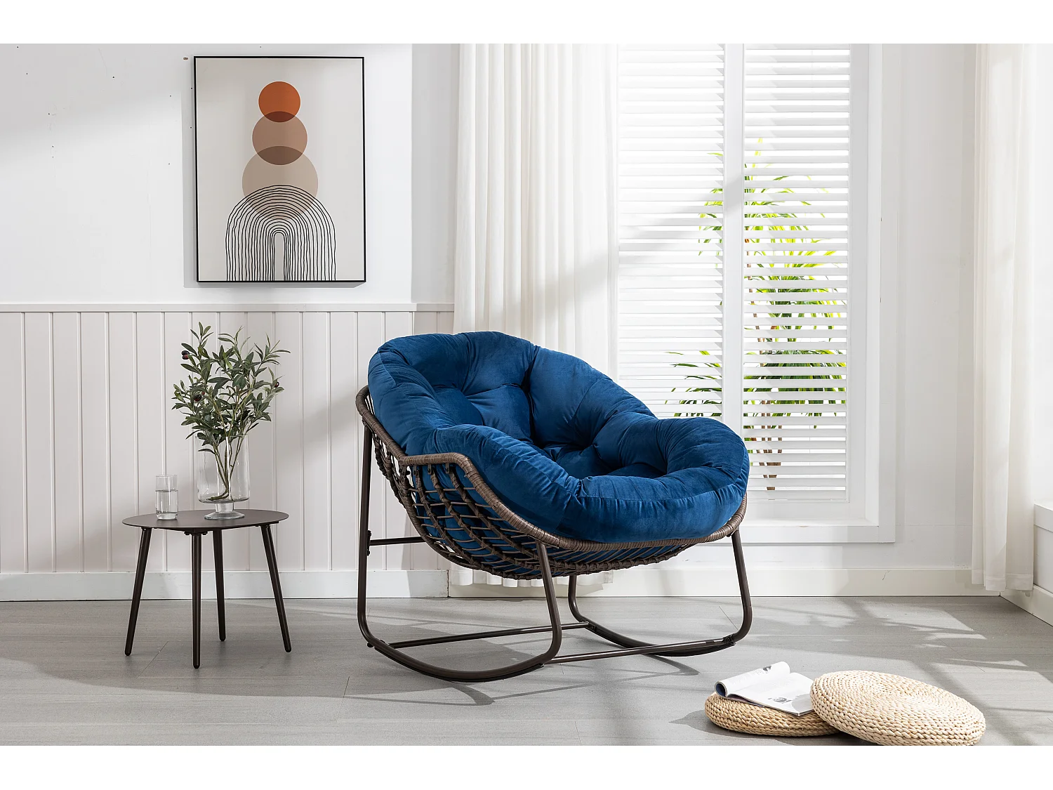 Sedia a dondolo da esterno in rattan con cuscino in cotone, schienale regolabile, struttura in acciaio inossidabile, cuscino grigio (43,7 x 37,2 x 31,5 cm)