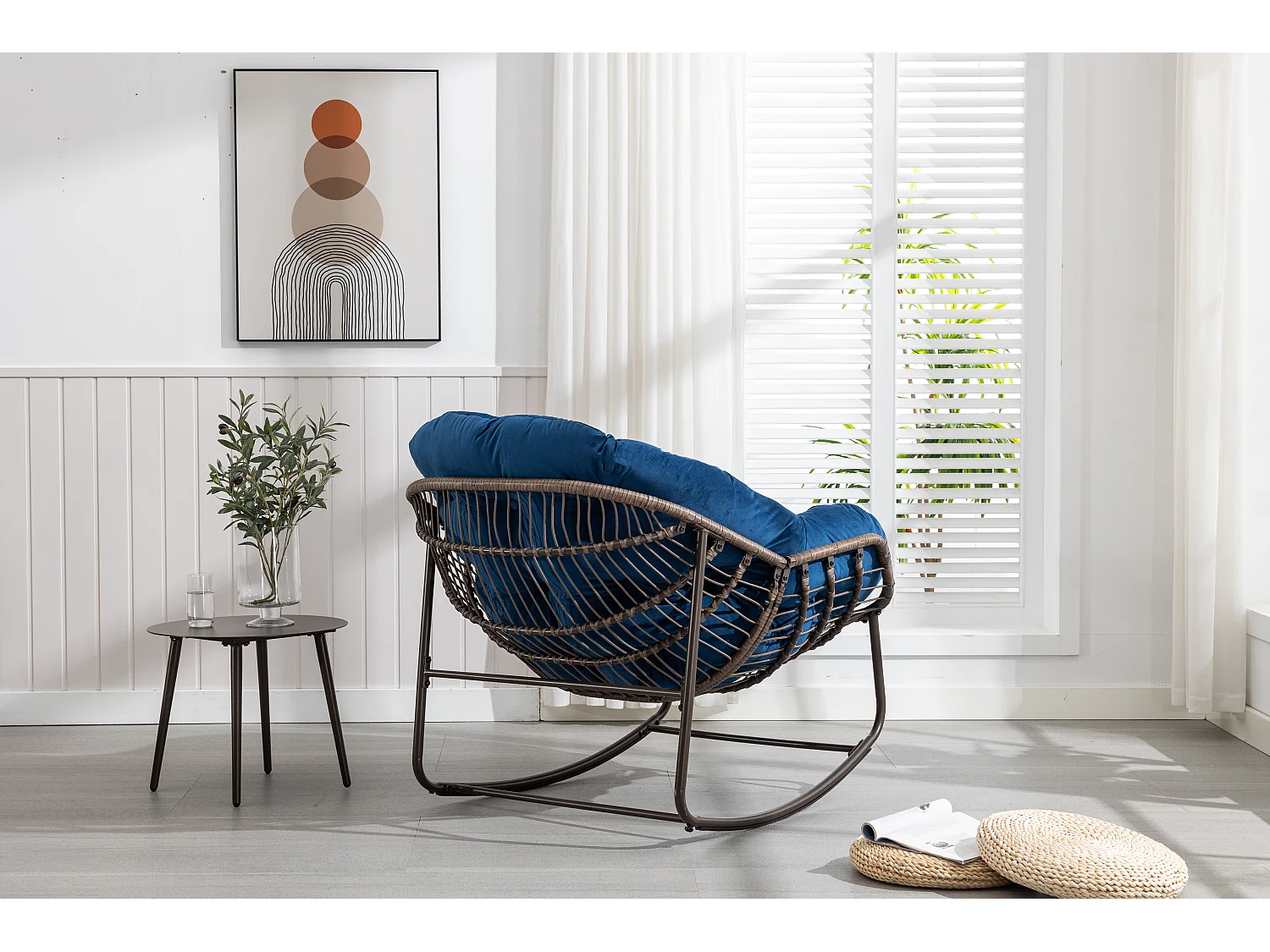 Sedia a dondolo da esterno in rattan con cuscino in cotone, schienale regolabile, struttura in acciaio inossidabile, cuscino grigio (43,7 x 37,2 x 31,5 cm)