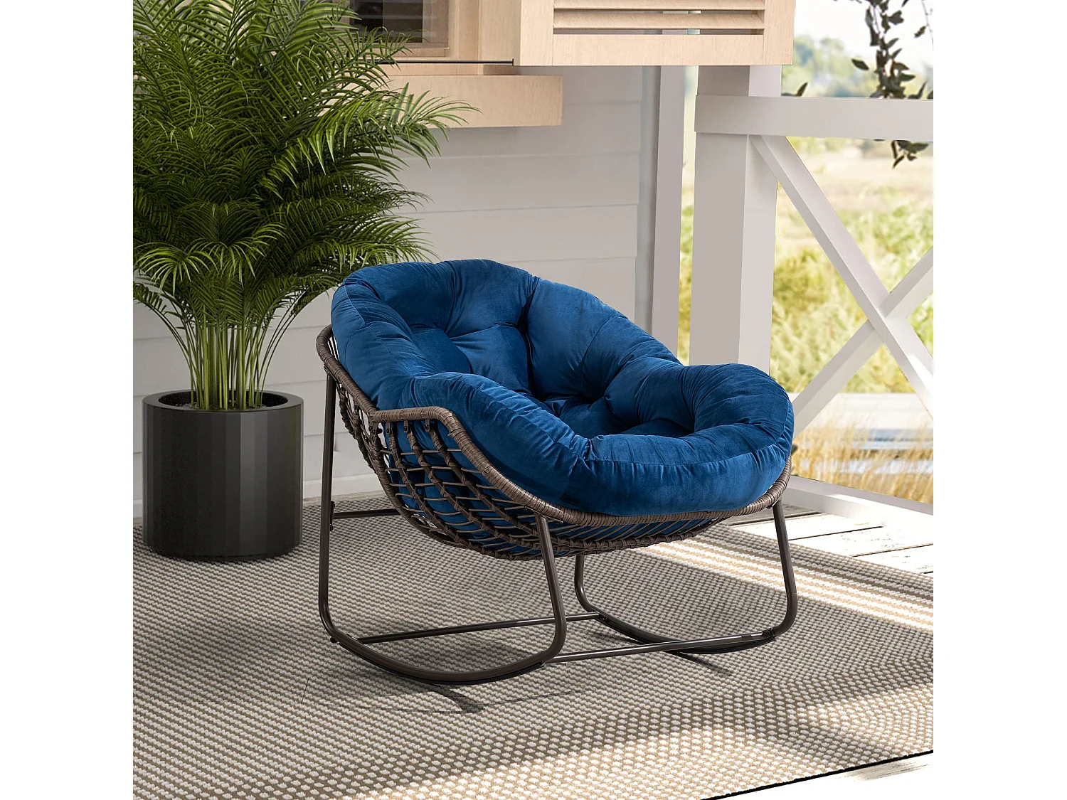Sedia a dondolo da esterno in rattan con cuscino in cotone, schienale regolabile, struttura in acciaio inossidabile, cuscino grigio (43,7 x 37,2 x 31,5 cm)