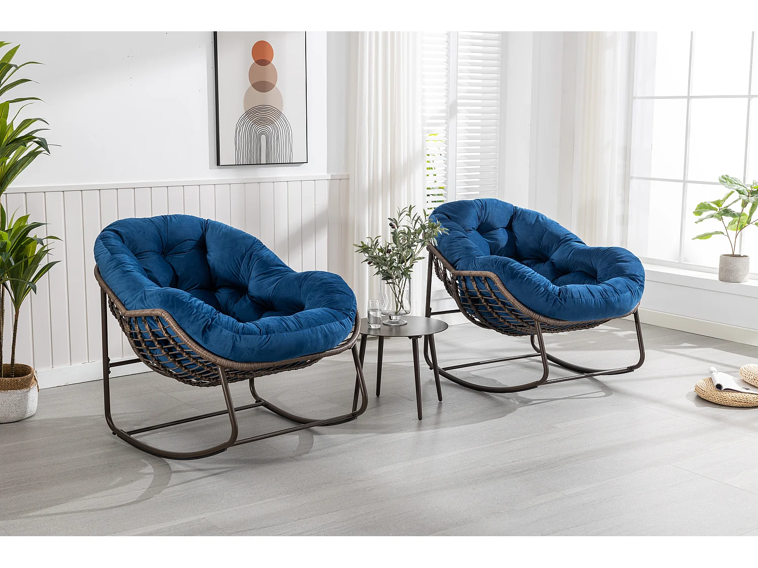 Sedia a dondolo da esterno in rattan con cuscino in cotone, schienale regolabile, struttura in acciaio inossidabile, cuscino grigio (43,7 x 37,2 x 31,5 cm)