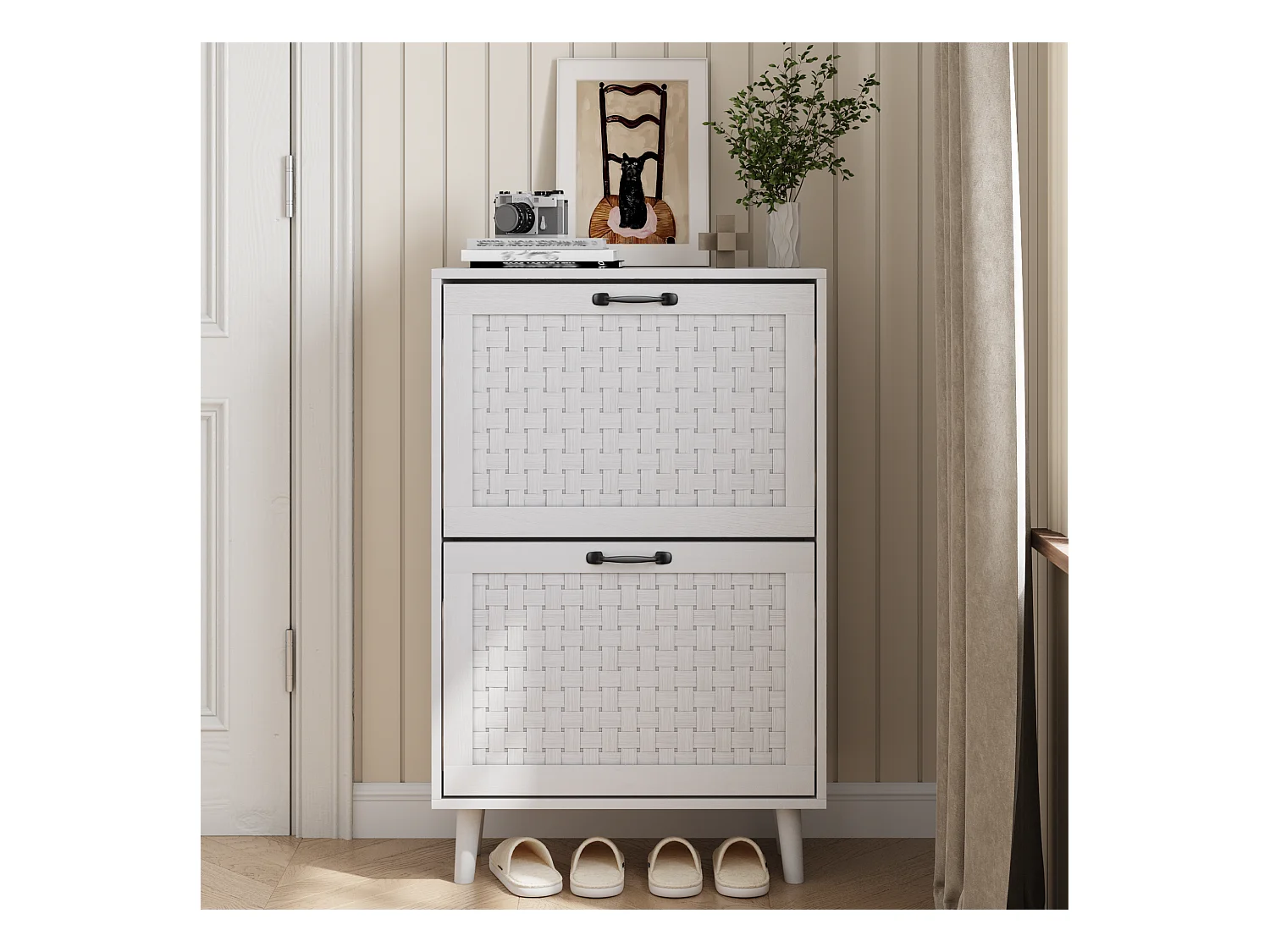 Meuble à chaussures avec tiroirs en rotin, pieds en bois massif, MDF, blanc (60x24,1x94 cm)