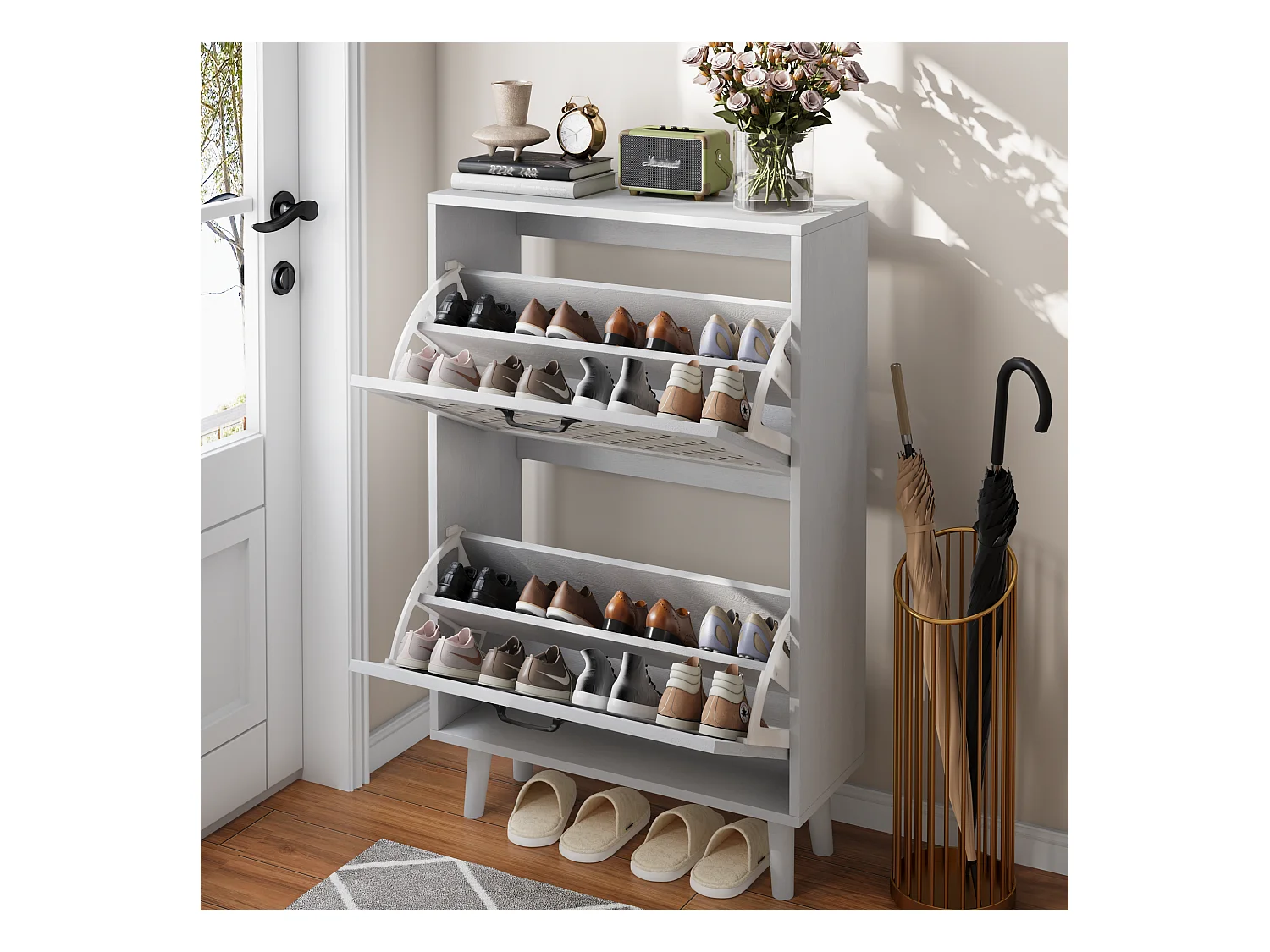 Meuble à chaussures avec tiroirs en rotin, pieds en bois massif, MDF, blanc (60x24,1x94 cm)