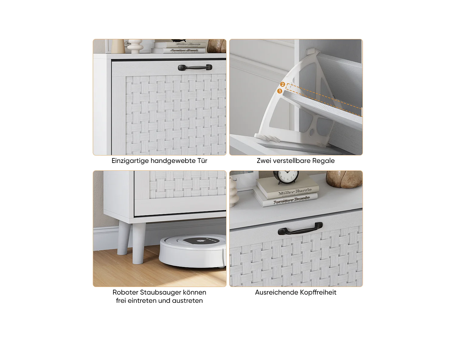 Meuble à chaussures avec tiroirs en rotin, pieds en bois massif, MDF, blanc (60x24,1x94 cm)