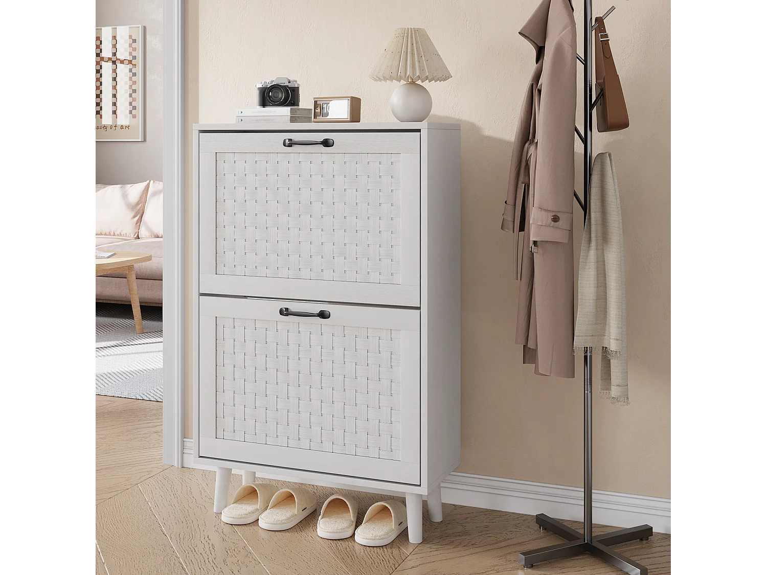 Meuble à chaussures avec tiroirs en rotin, pieds en bois massif, MDF, blanc (60x24,1x94 cm)