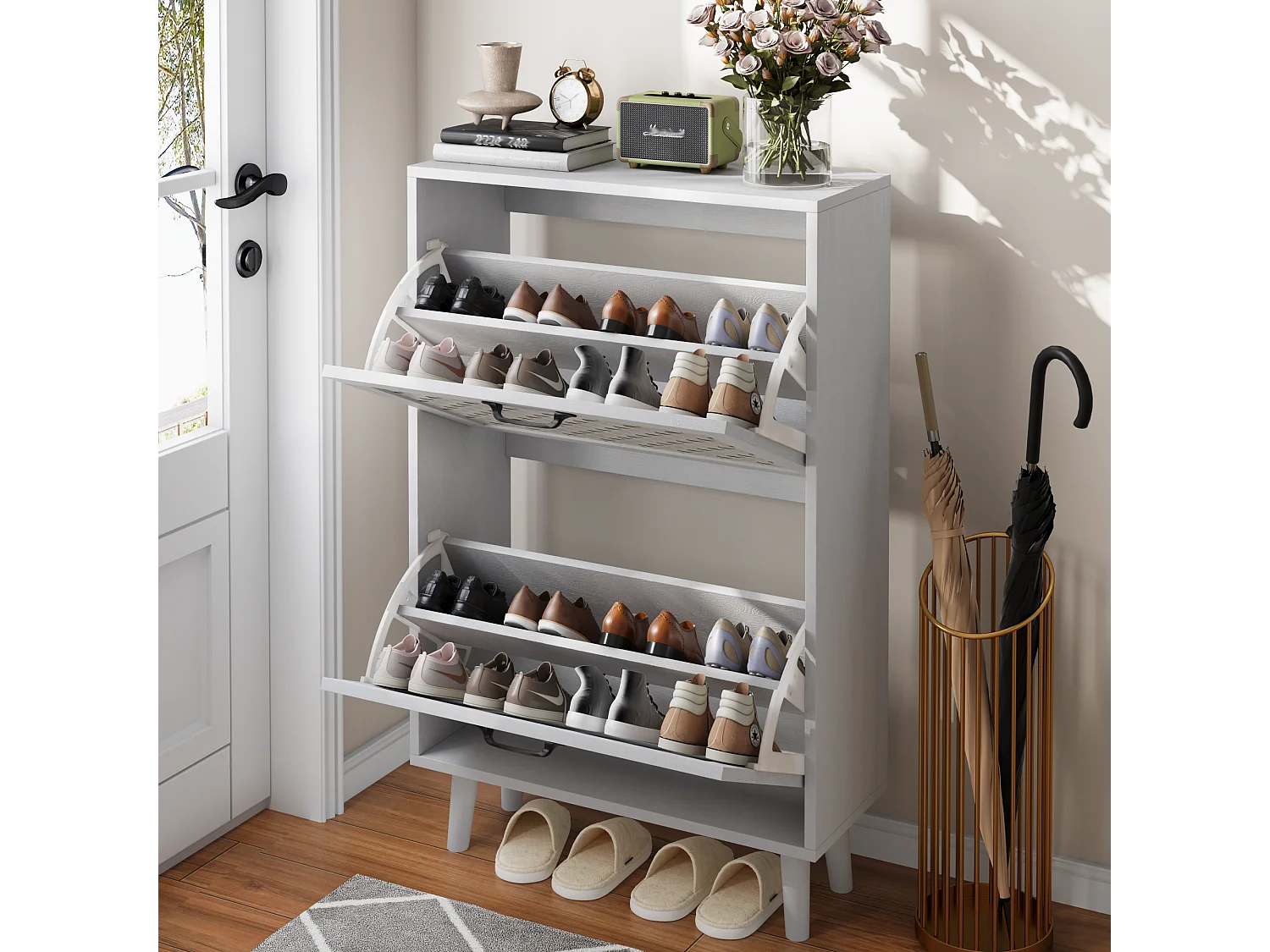 Meuble à chaussures avec tiroirs en rotin, pieds en bois massif, MDF, blanc (60x24,1x94 cm)