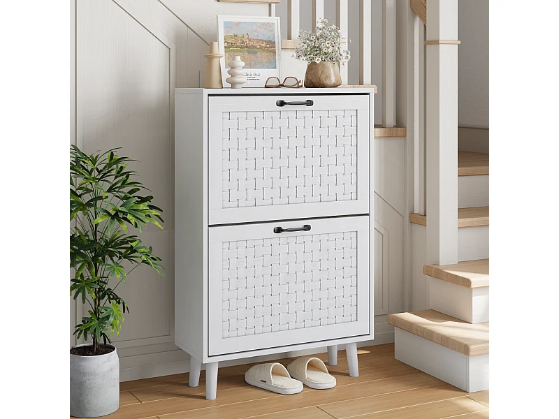 Mobiletto portascarpe con cassetti in rattan, gambe in legno massello, MDF, bianco (60x24,1x94 cm)