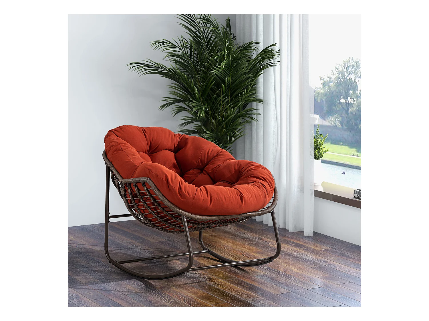 Chaise Rocking en Rotin XXL, Chaise Lounge Confortable avec Coussin Épais, Structure en Acier, Orange (99x76x25cm)