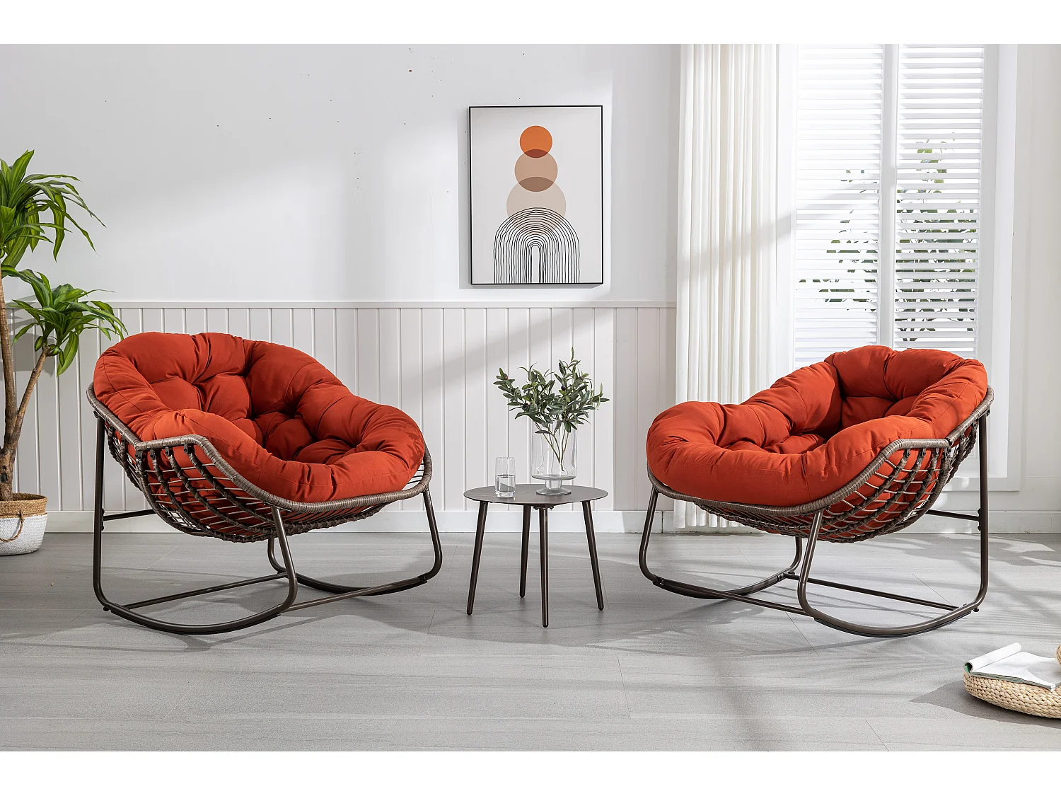 Chaise Rocking en Rotin XXL, Chaise Lounge Confortable avec Coussin Épais, Structure en Acier, Orange (99x76x25cm)