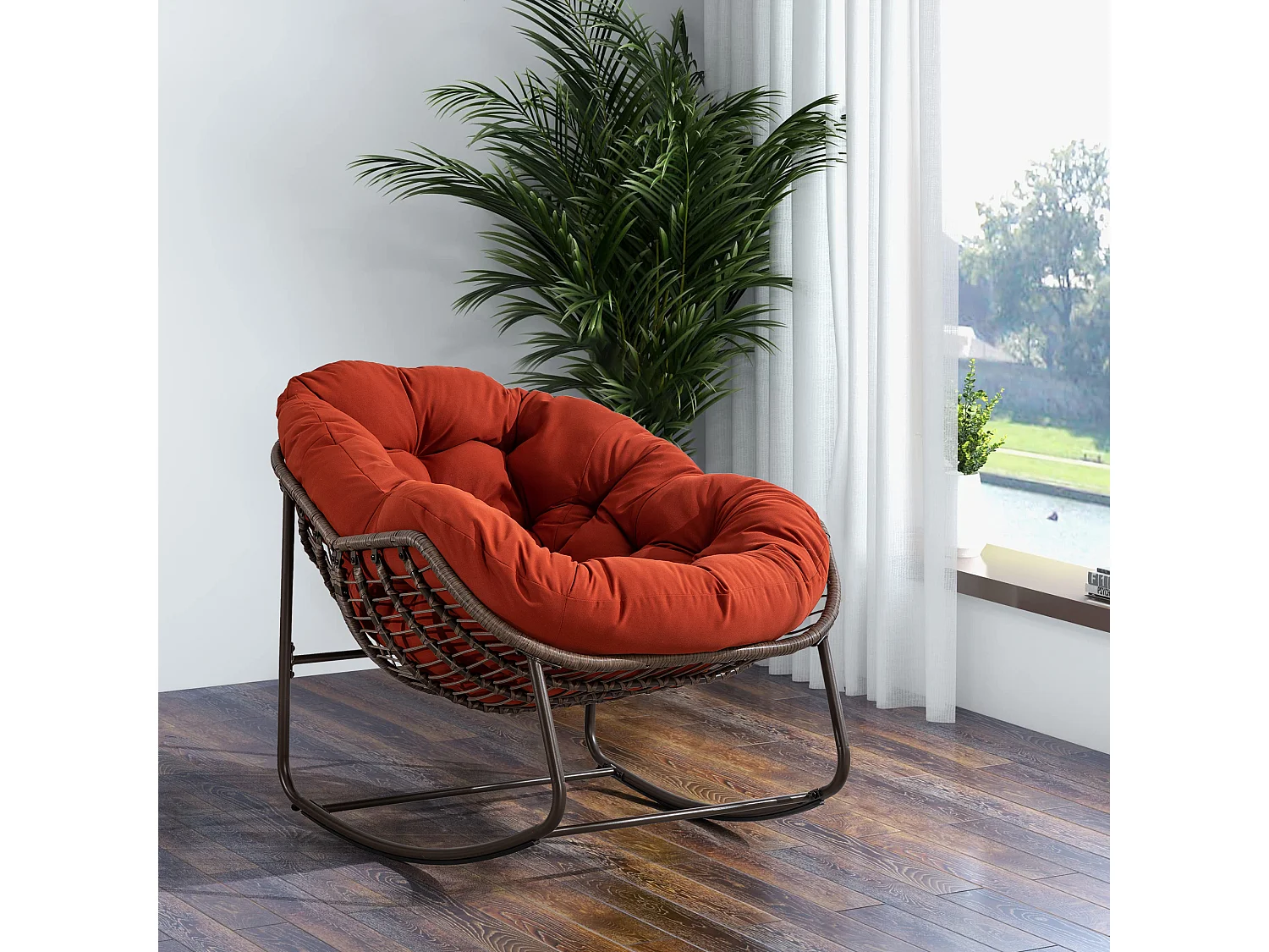 Mecedora de ratán XXL, cómoda silla de salón con cojín grueso y estructura de acero, color naranja (99 x 76 x 25 cm)