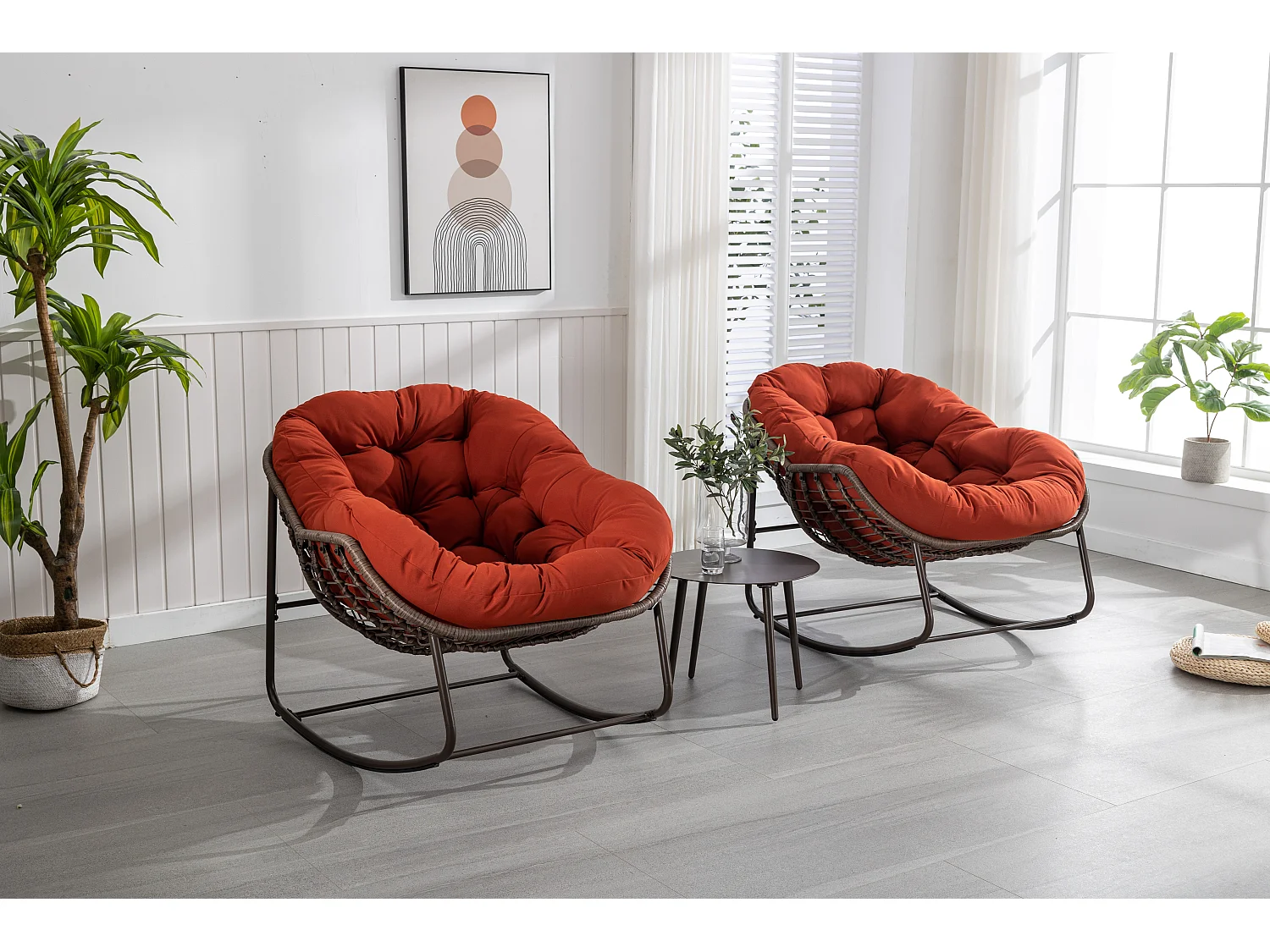 Mecedora de ratán XXL, cómoda silla de salón con cojín grueso y estructura de acero, color naranja (99 x 76 x 25 cm)
