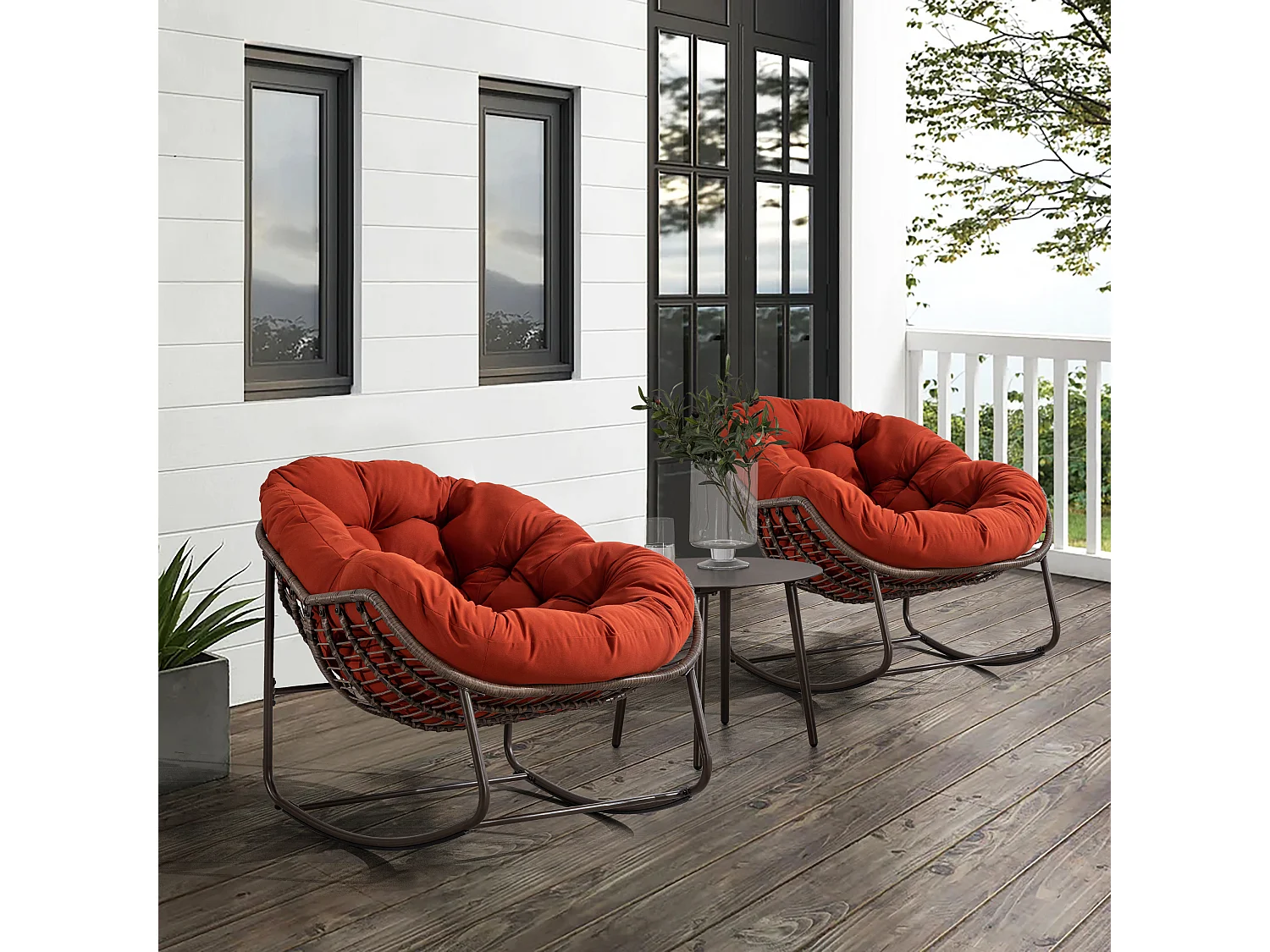 Mecedora de ratán XXL, cómoda silla de salón con cojín grueso y estructura de acero, color naranja (99 x 76 x 25 cm)